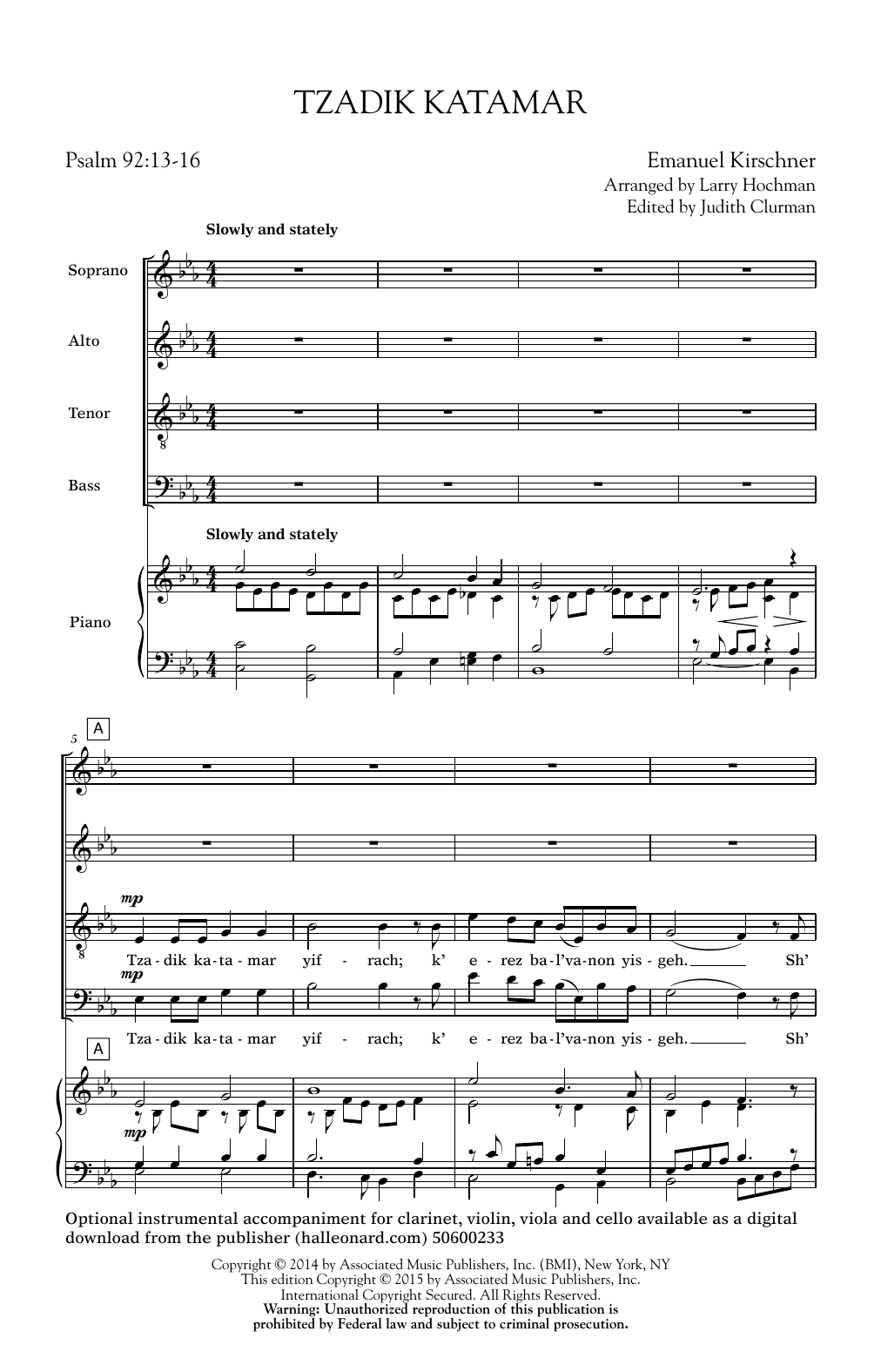 Download Emanuel Kirschner Tzadik Katamar Yifrach (Arr. Larry Hochman) Sheet Music and learn how to play SATB PDF digital score in minutes