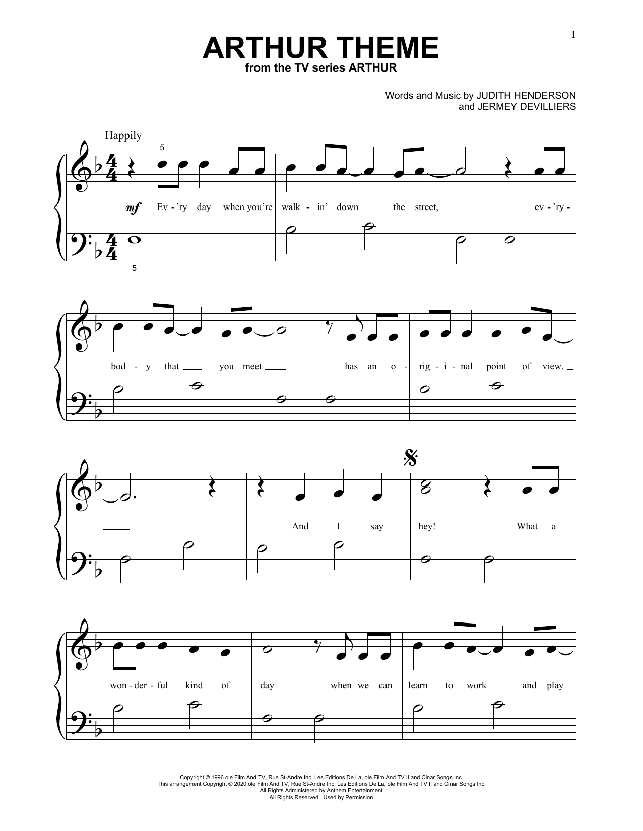Download Judith Henderson & Jermey Devilliers Arthur Theme Sheet Music and learn how to play Big Note Piano PDF digital score in minutes