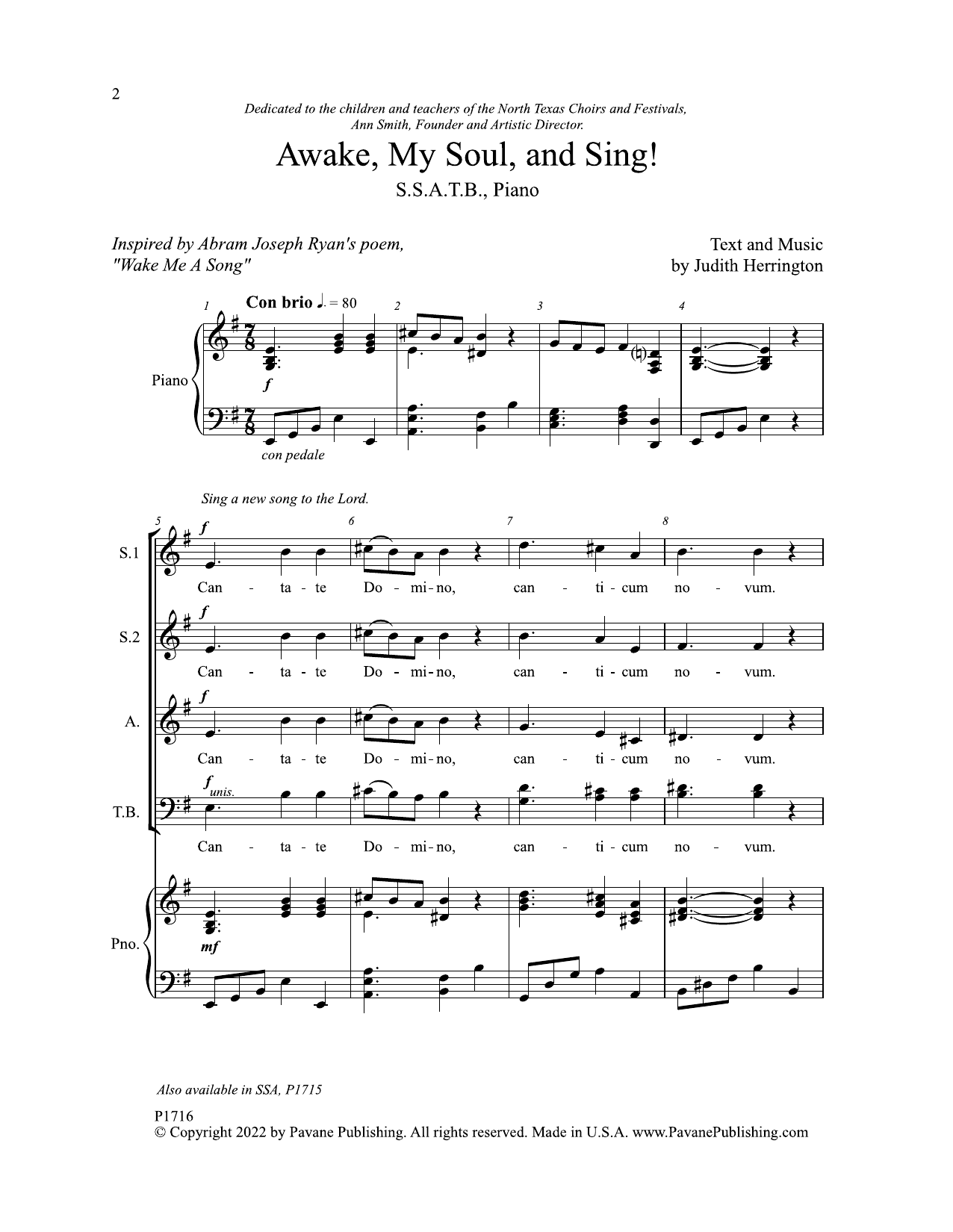 Download Judith Herrington Awake, My Soul, and Sing! Sheet Music and learn how to play SSATB Choir PDF digital score in minutes