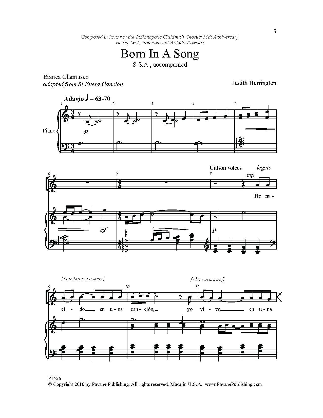 Download Judith Herrington Born in a Song Sheet Music and learn how to play SSA Choir PDF digital score in minutes
