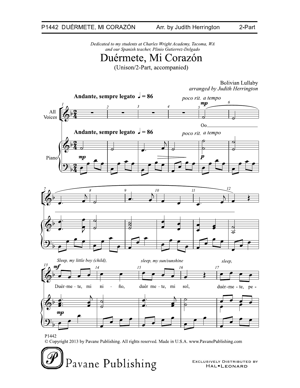 Download Judith Herrington Duermete, Mi Corazon Sheet Music and learn how to play SATB Choir PDF digital score in minutes