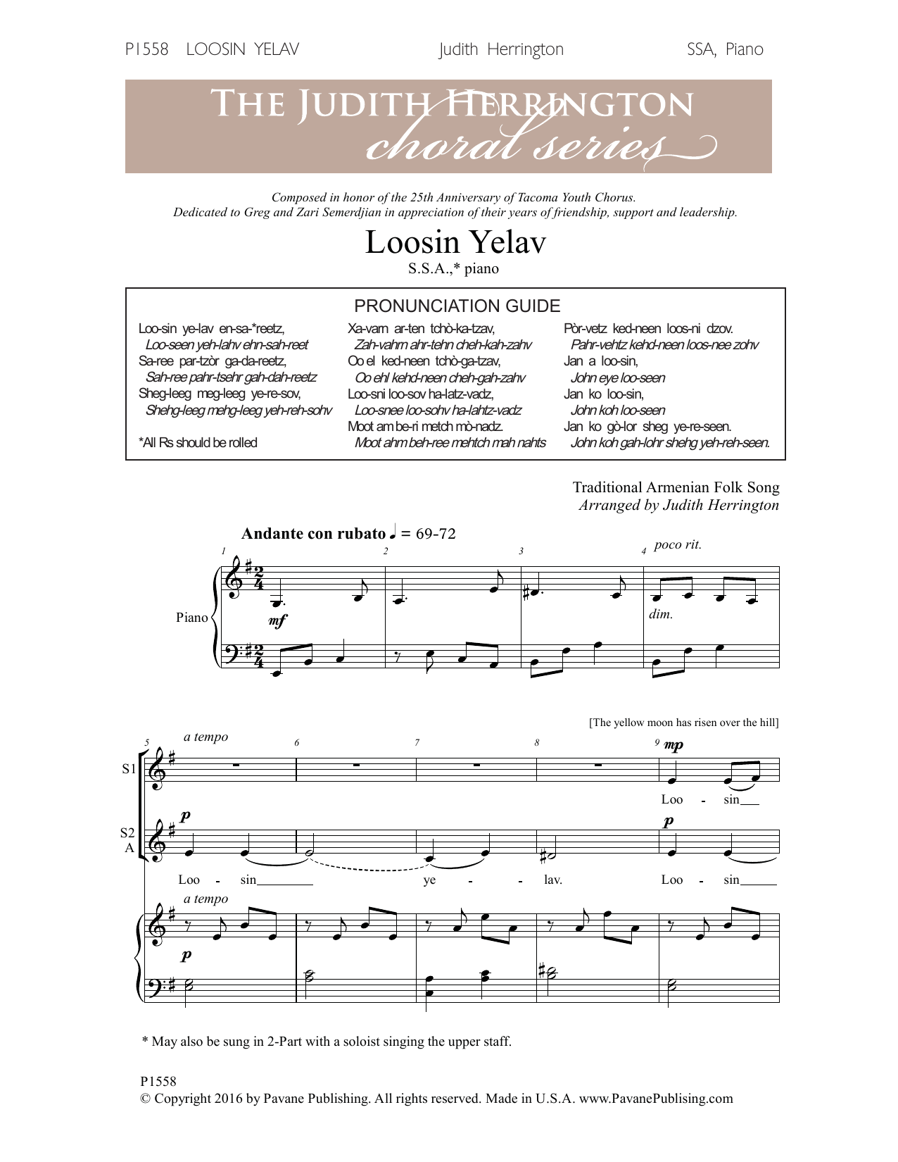 Download Judith Herrington Loosin Yelav Sheet Music and learn how to play SSA Choir PDF digital score in minutes