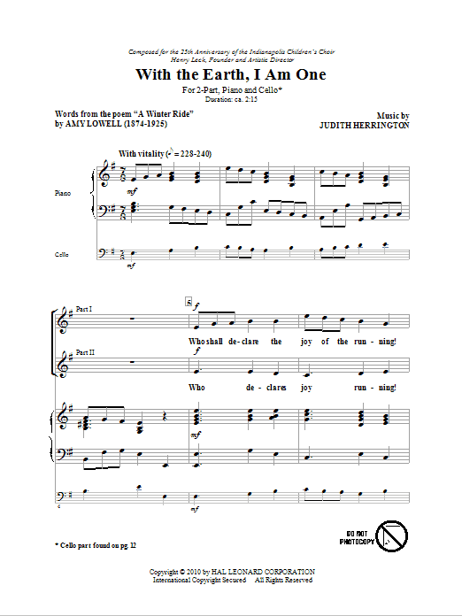 Download Judith Herrington With The Earth, I Am One Sheet Music and learn how to play 2-Part Choir PDF digital score in minutes