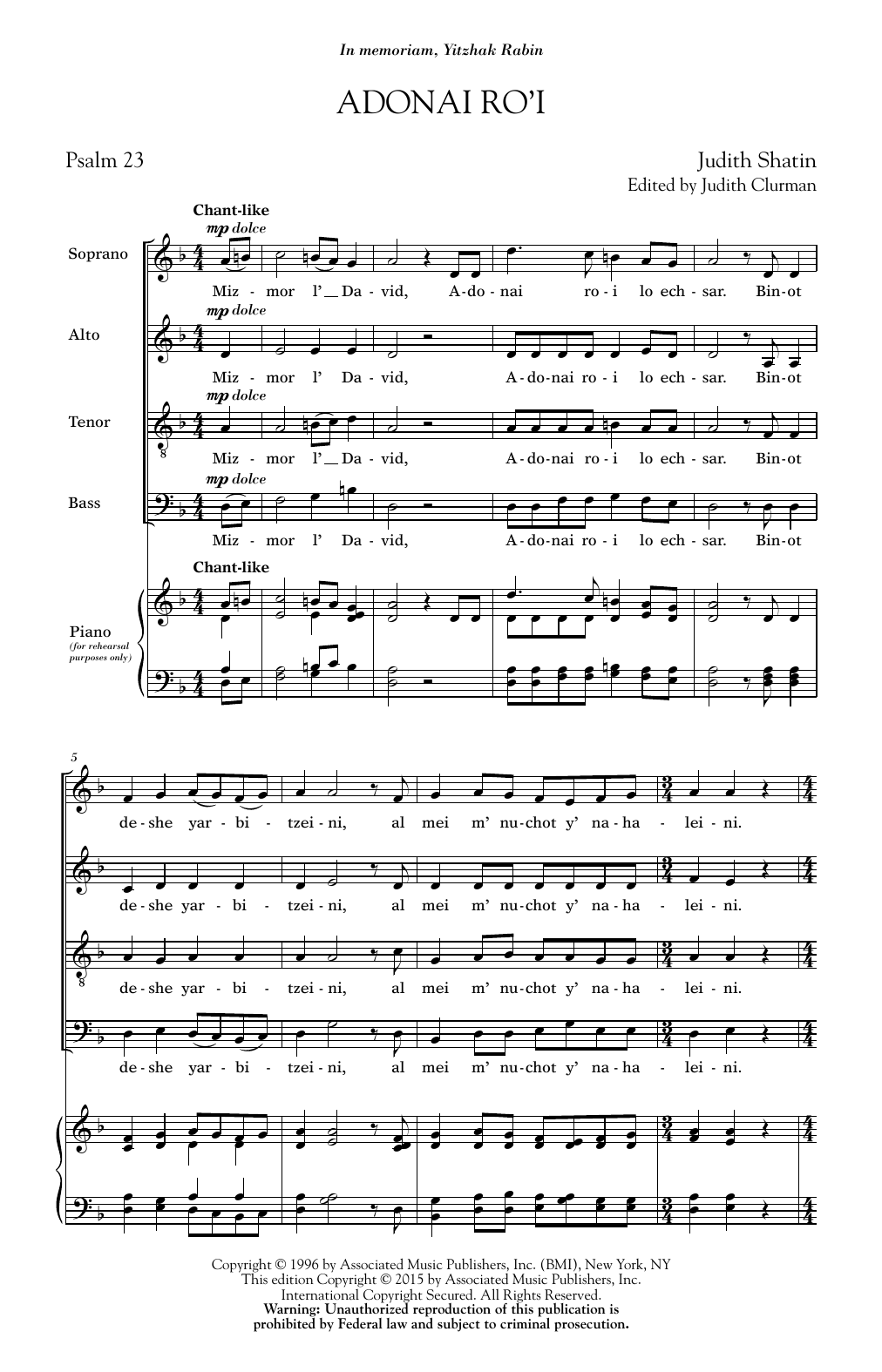 Download Judith Shatin Adonai Ro'i Sheet Music and learn how to play SATB PDF digital score in minutes
