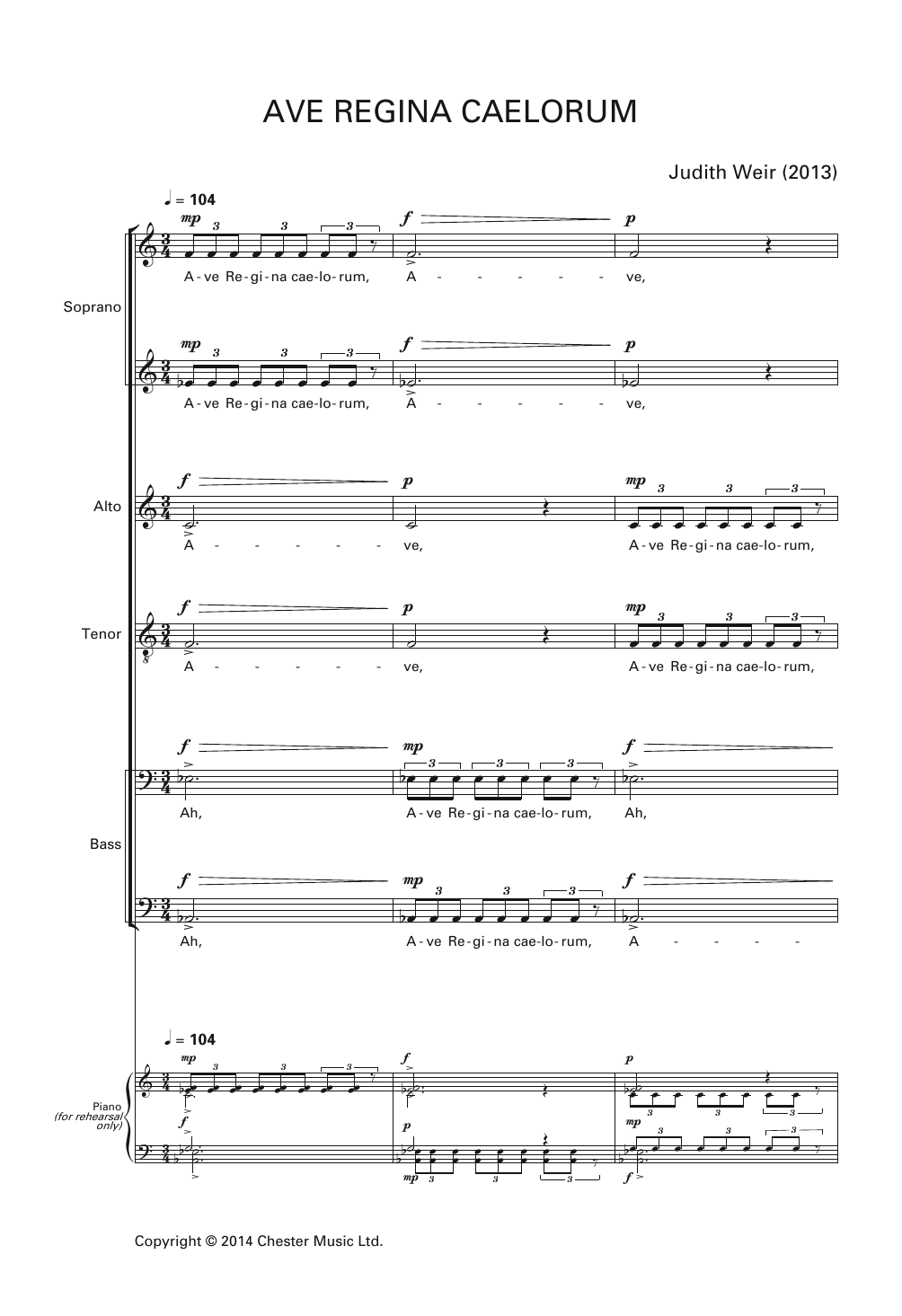Download Judith Weir Ave Regina Caelorum Sheet Music and learn how to play Piano, Vocal & Guitar PDF digital score in minutes