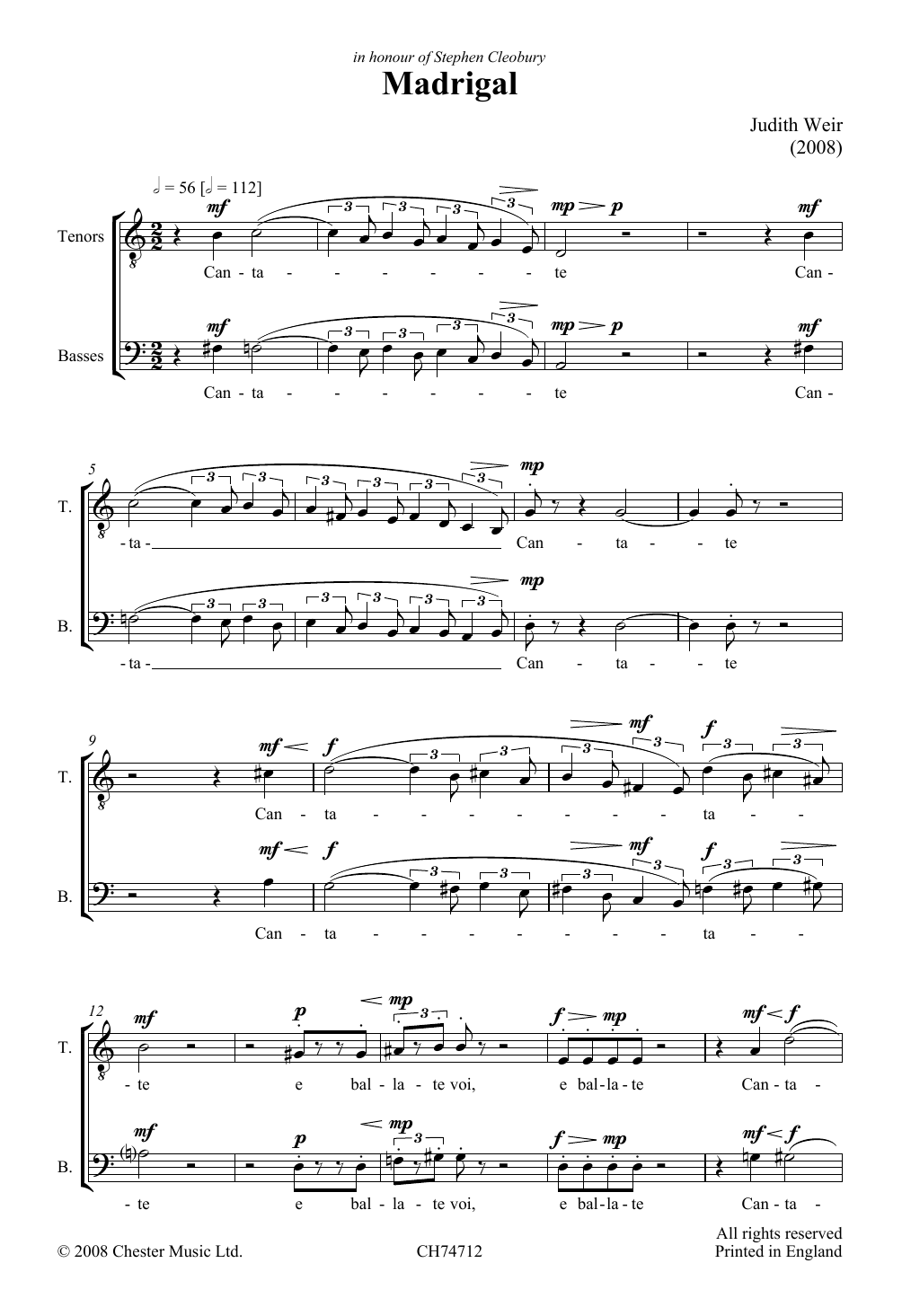 Download Judith Weir Madrigal Sheet Music and learn how to play Piano, Vocal & Guitar PDF digital score in minutes