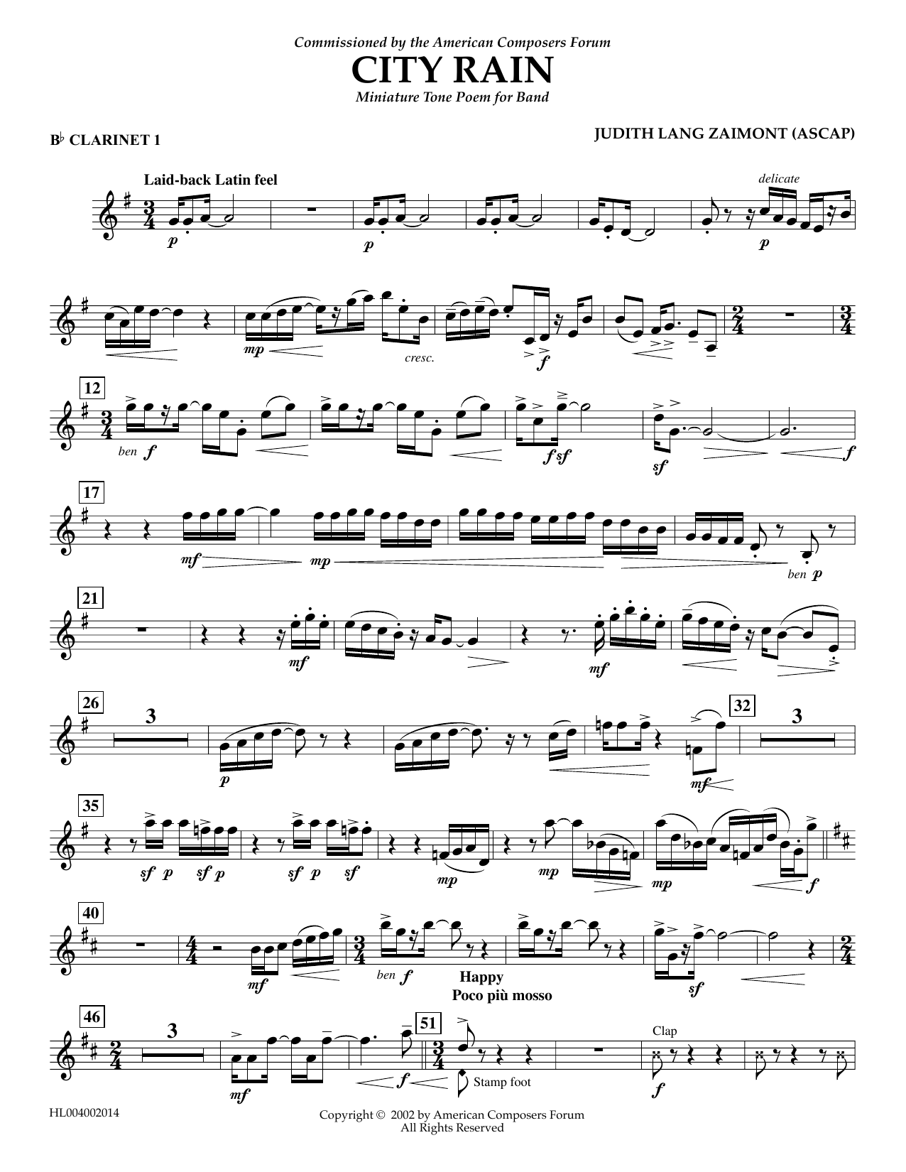 Download Judith Zaimont City Rain - Bb Clarinet 1 Sheet Music and learn how to play Concert Band PDF digital score in minutes