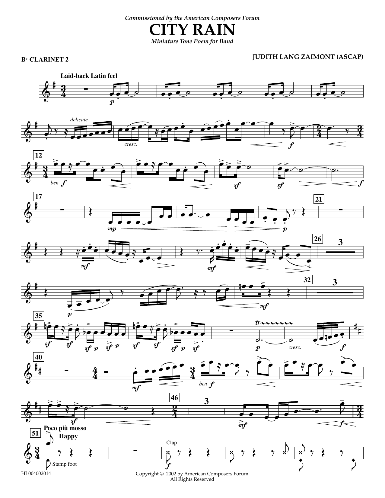 Download Judith Zaimont City Rain - Bb Clarinet 2 Sheet Music and learn how to play Concert Band PDF digital score in minutes