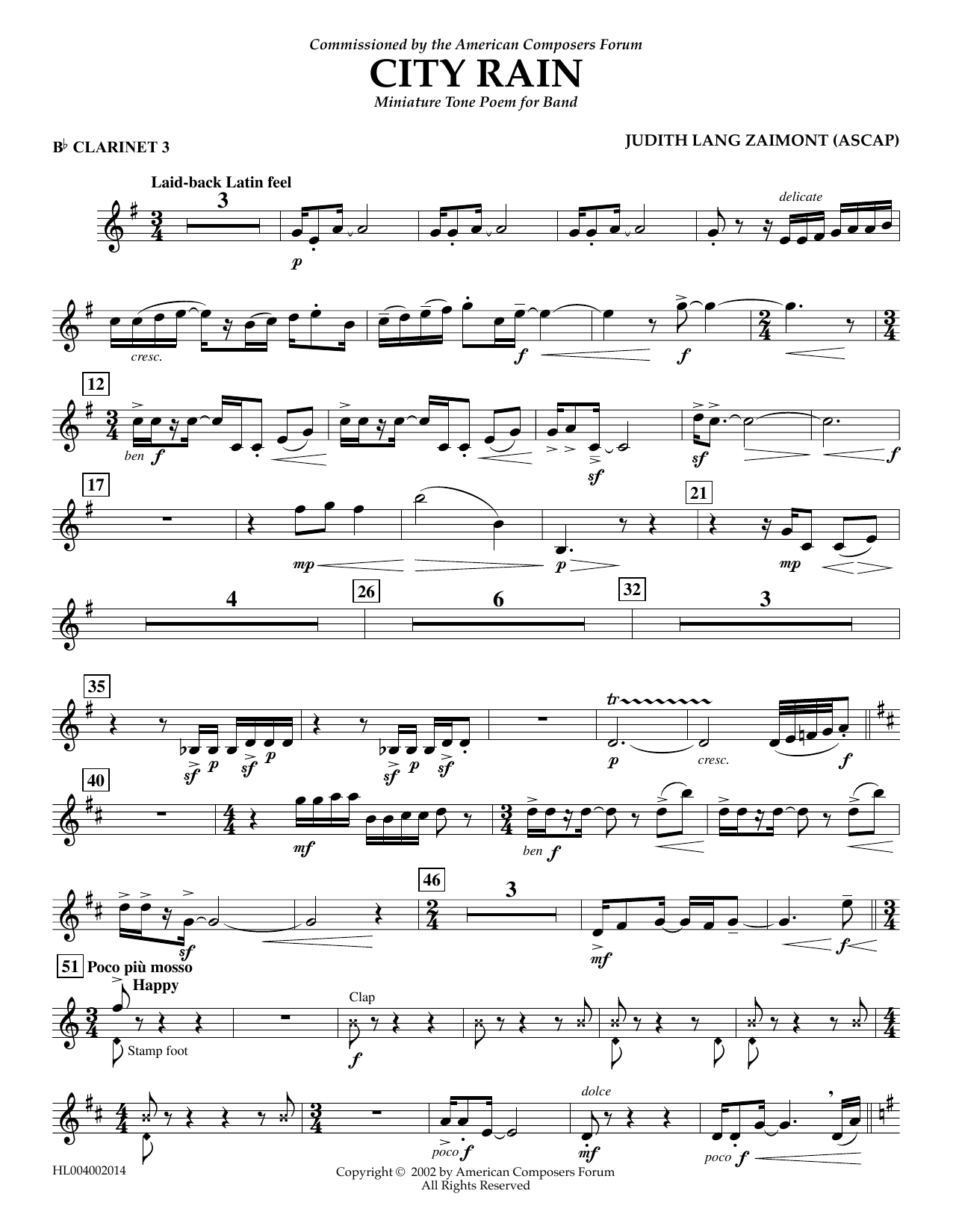 Download Judith Zaimont City Rain - Bb Clarinet 3 Sheet Music and learn how to play Concert Band PDF digital score in minutes