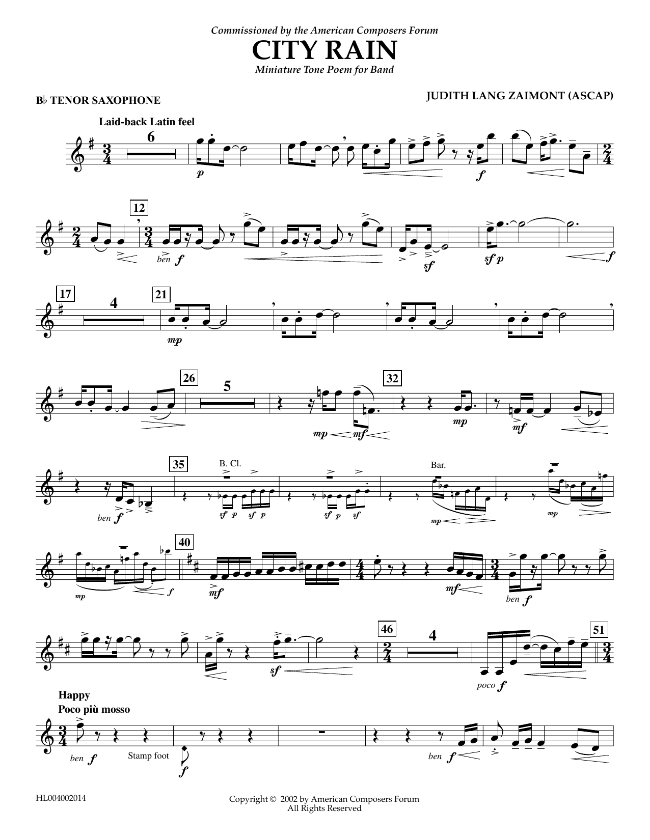 Download Judith Zaimont City Rain - Bb Tenor Saxophone Sheet Music and learn how to play Concert Band PDF digital score in minutes