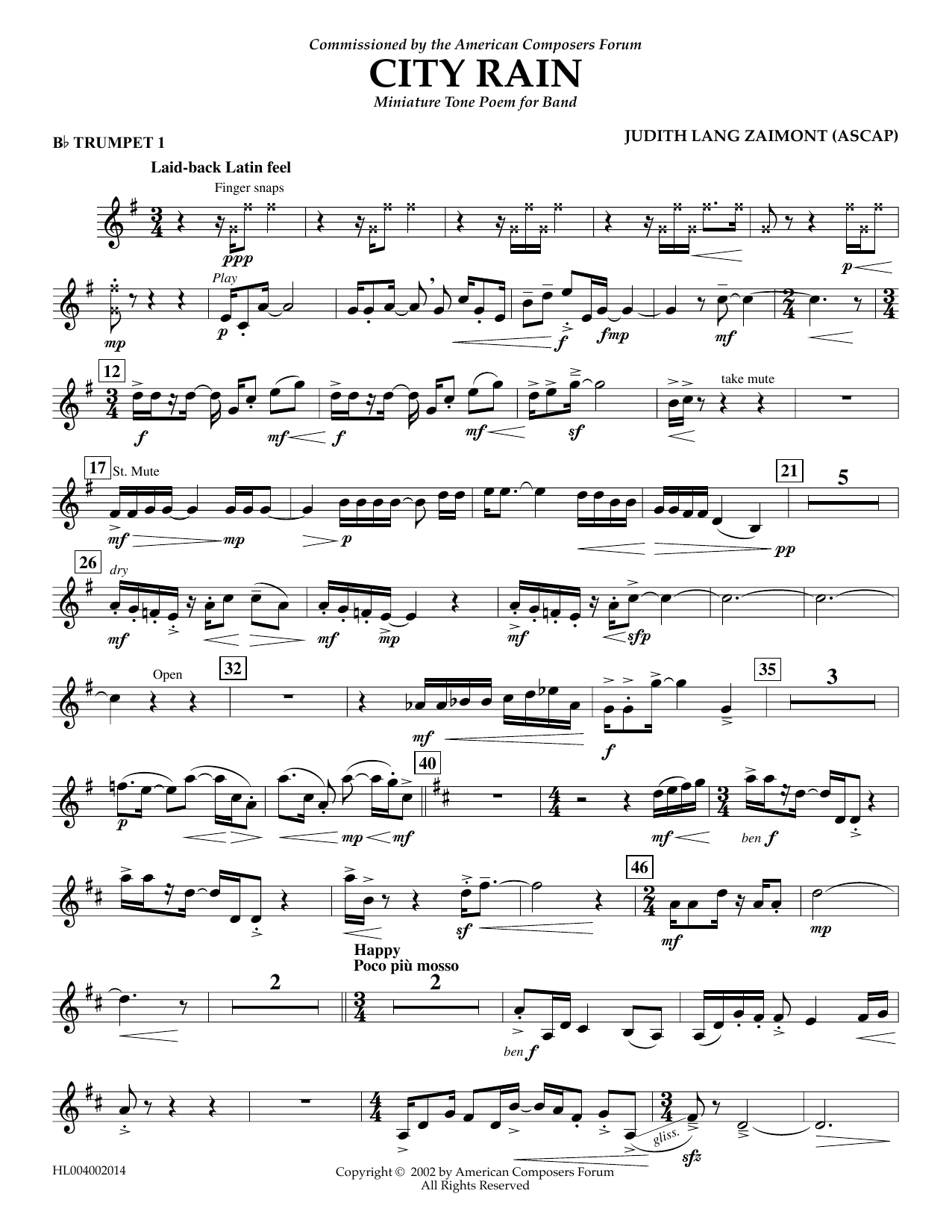 Download Judith Zaimont City Rain - Bb Trumpet 1 Sheet Music and learn how to play Concert Band PDF digital score in minutes