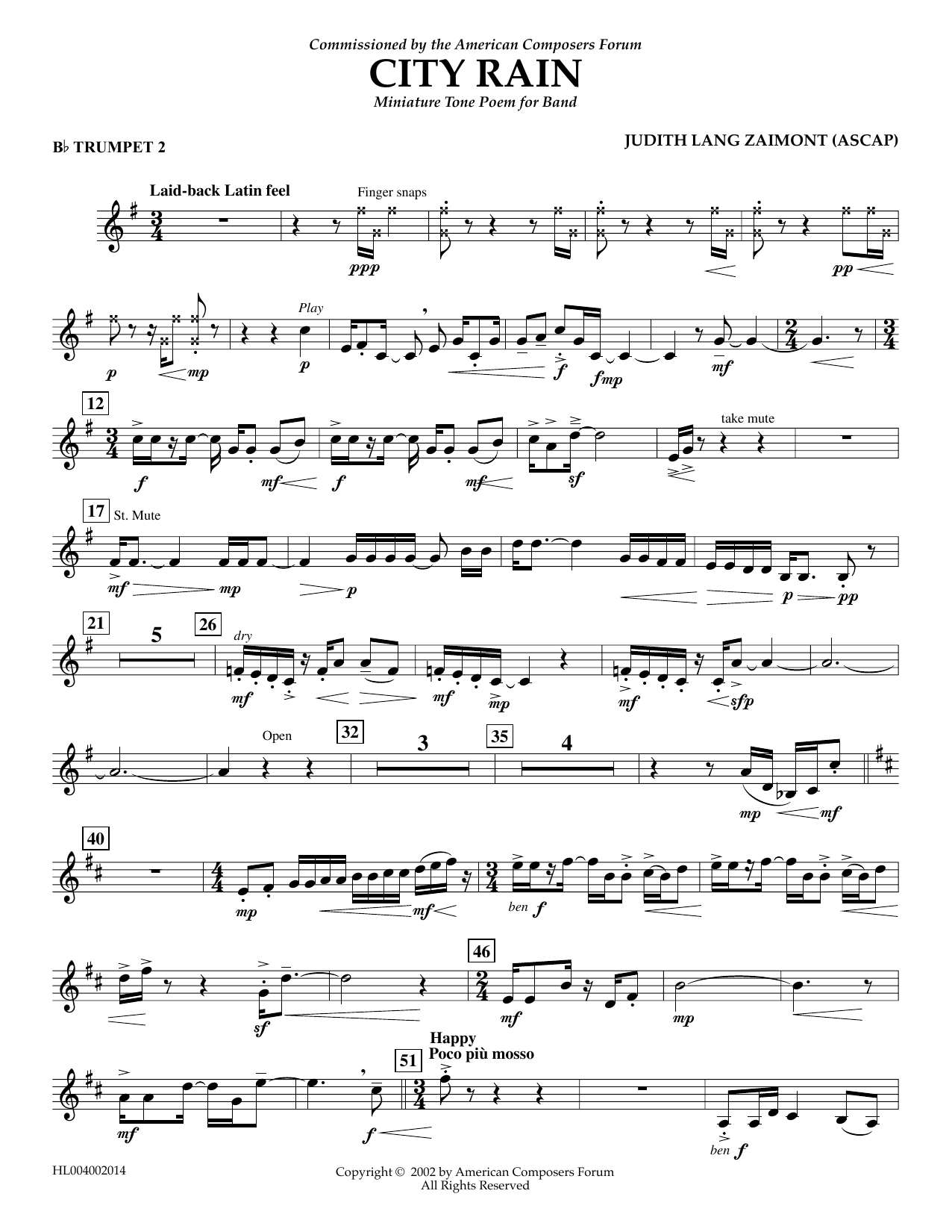 Download Judith Zaimont City Rain - Bb Trumpet 2 Sheet Music and learn how to play Concert Band PDF digital score in minutes