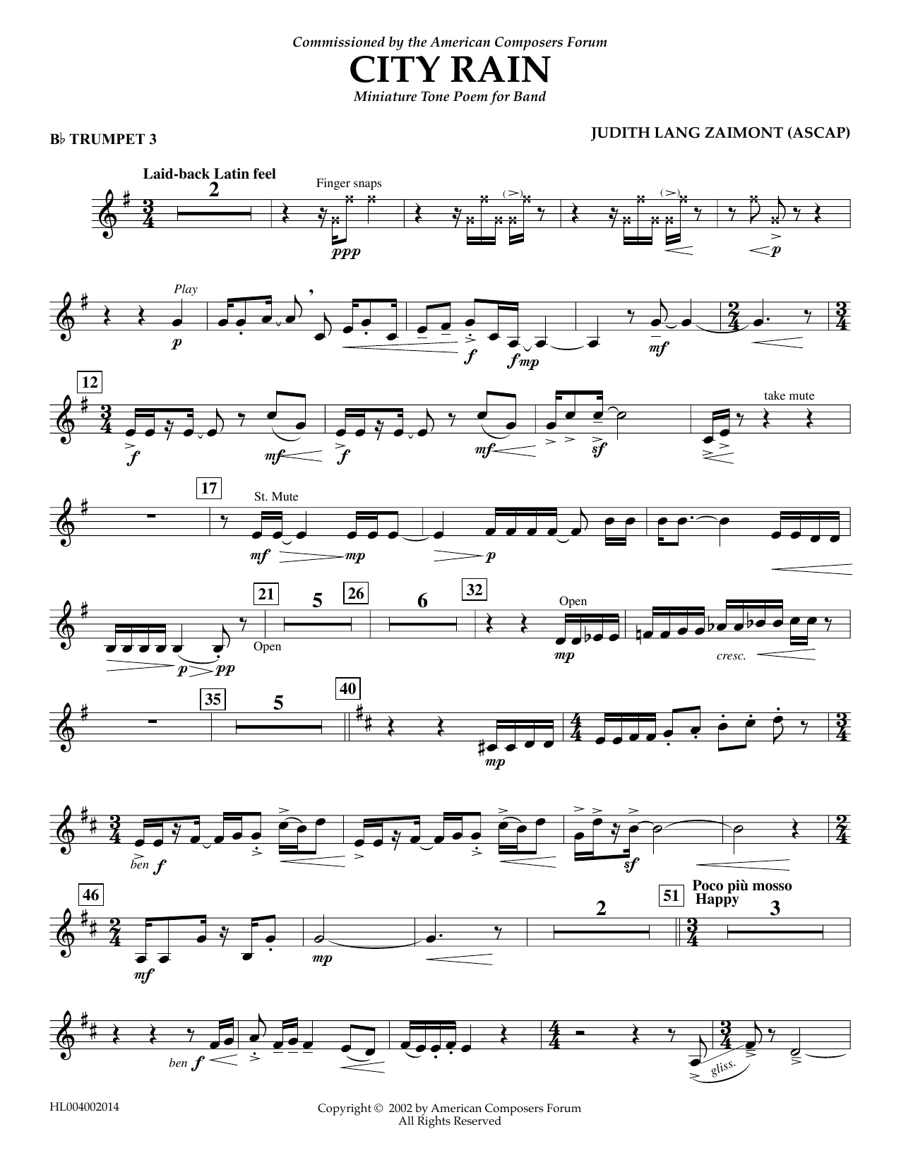 Download Judith Zaimont City Rain - Bb Trumpet 3 Sheet Music and learn how to play Concert Band PDF digital score in minutes