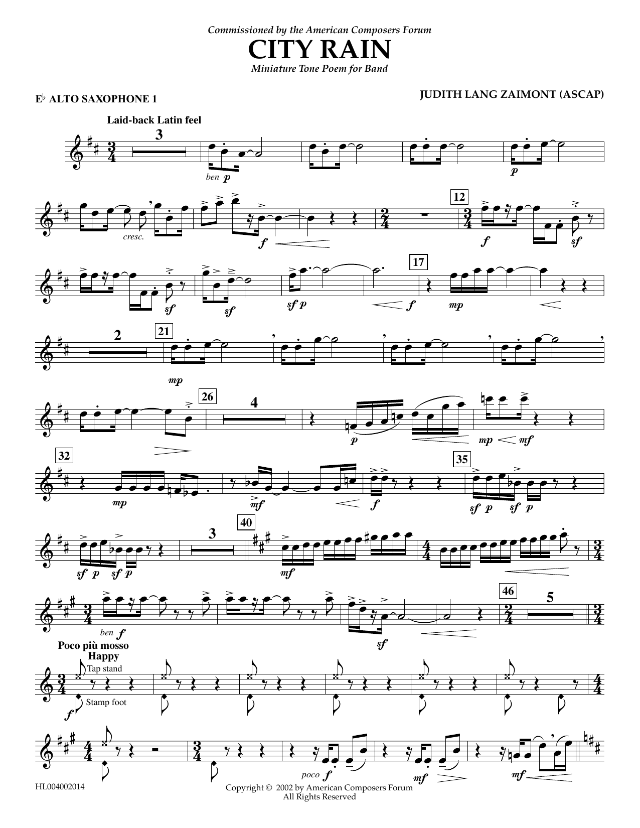 Download Judith Zaimont City Rain - Eb Alto Saxophone 1 Sheet Music and learn how to play Concert Band PDF digital score in minutes