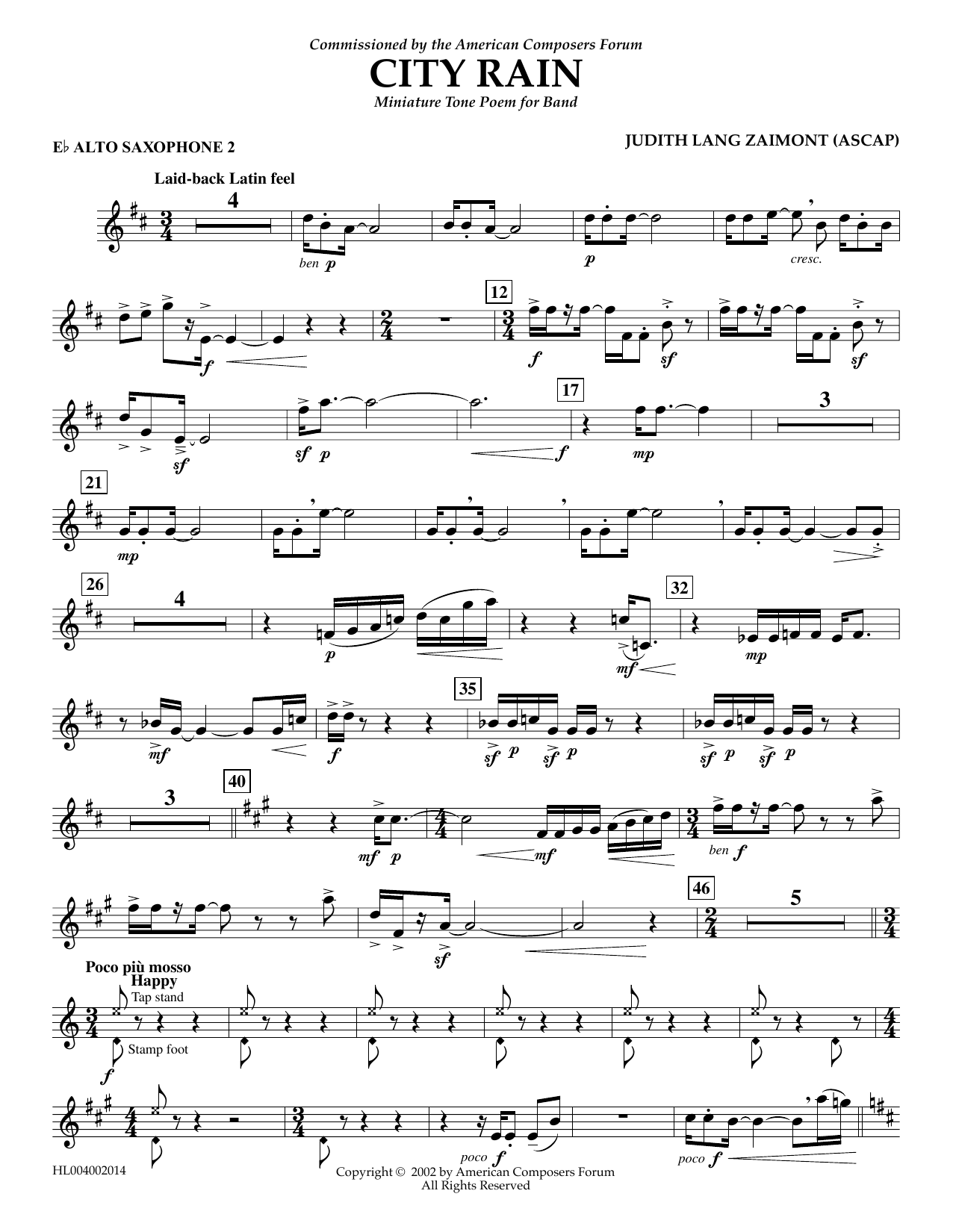 Download Judith Zaimont City Rain - Eb Alto Saxophone 2 Sheet Music and learn how to play Concert Band PDF digital score in minutes