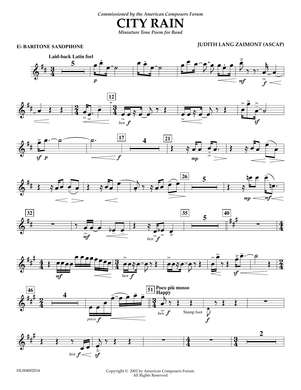 Download Judith Zaimont City Rain - Eb Baritone Saxophone Sheet Music and learn how to play Concert Band PDF digital score in minutes