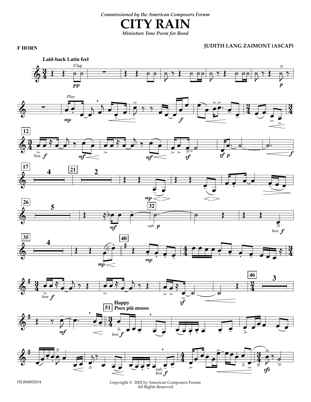 Download Judith Zaimont City Rain - F Horn Sheet Music and learn how to play Concert Band PDF digital score in minutes