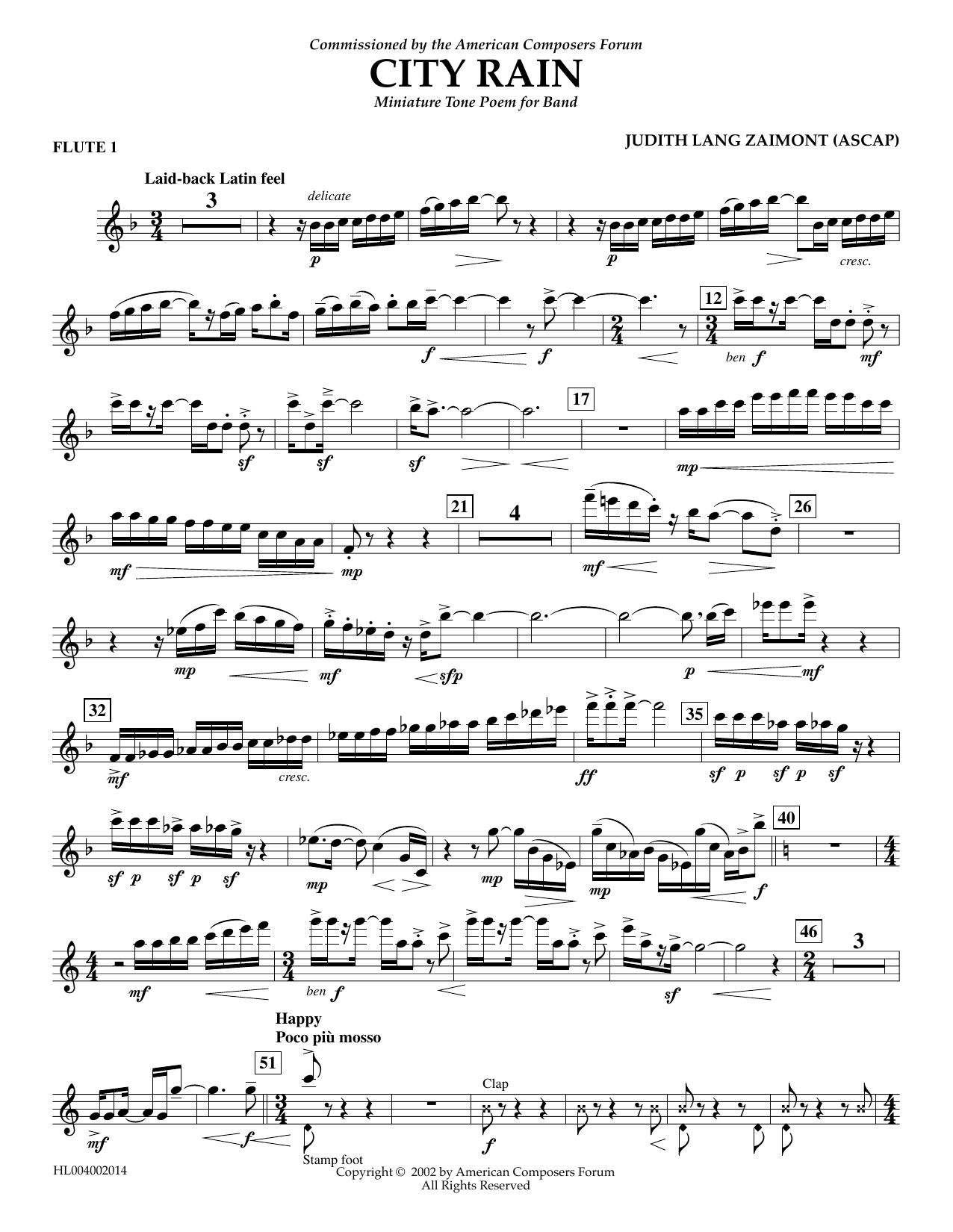 Download Judith Zaimont City Rain - Flute 1 Sheet Music and learn how to play Concert Band PDF digital score in minutes