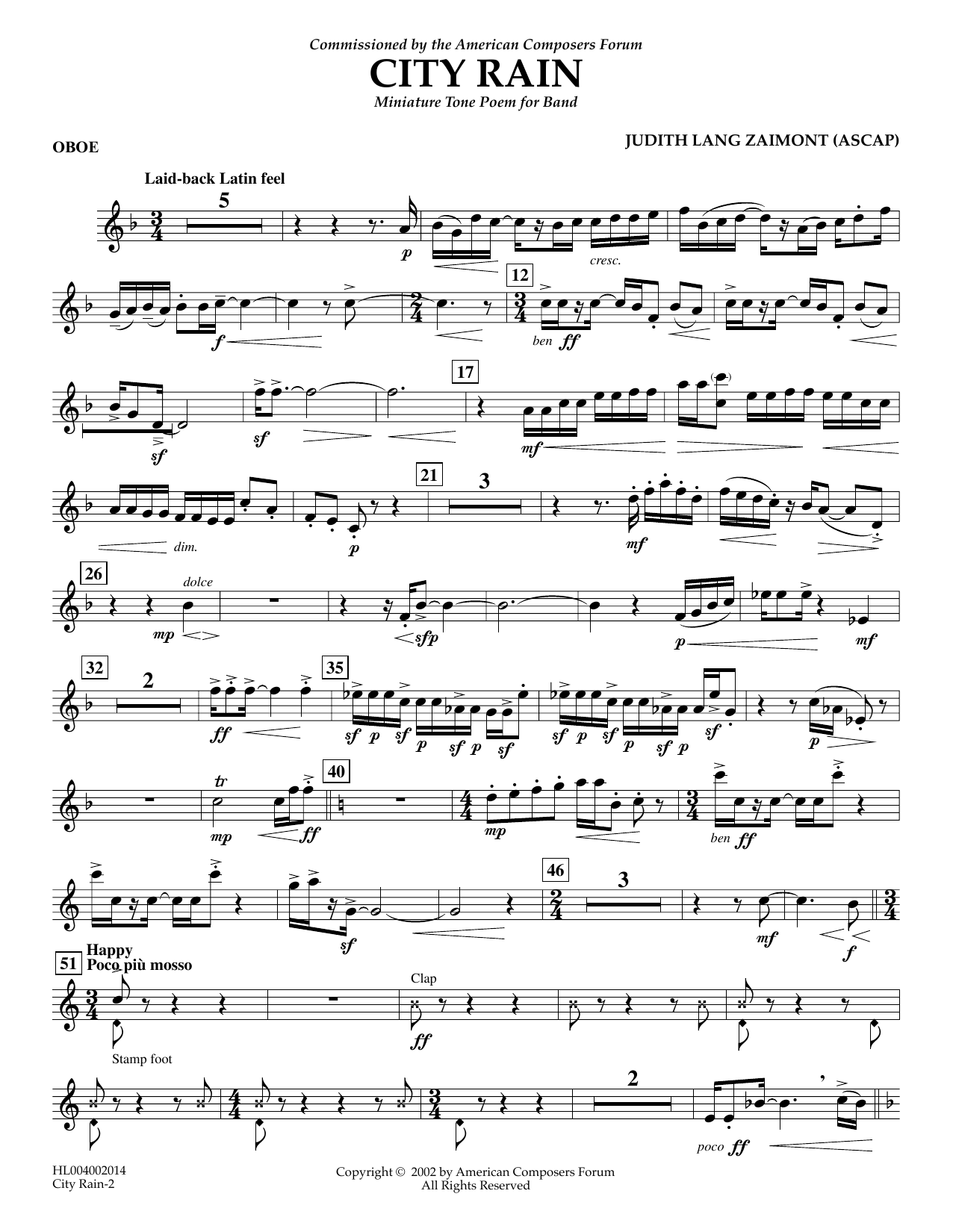 Download Judith Zaimont City Rain - Oboe Sheet Music and learn how to play Concert Band PDF digital score in minutes