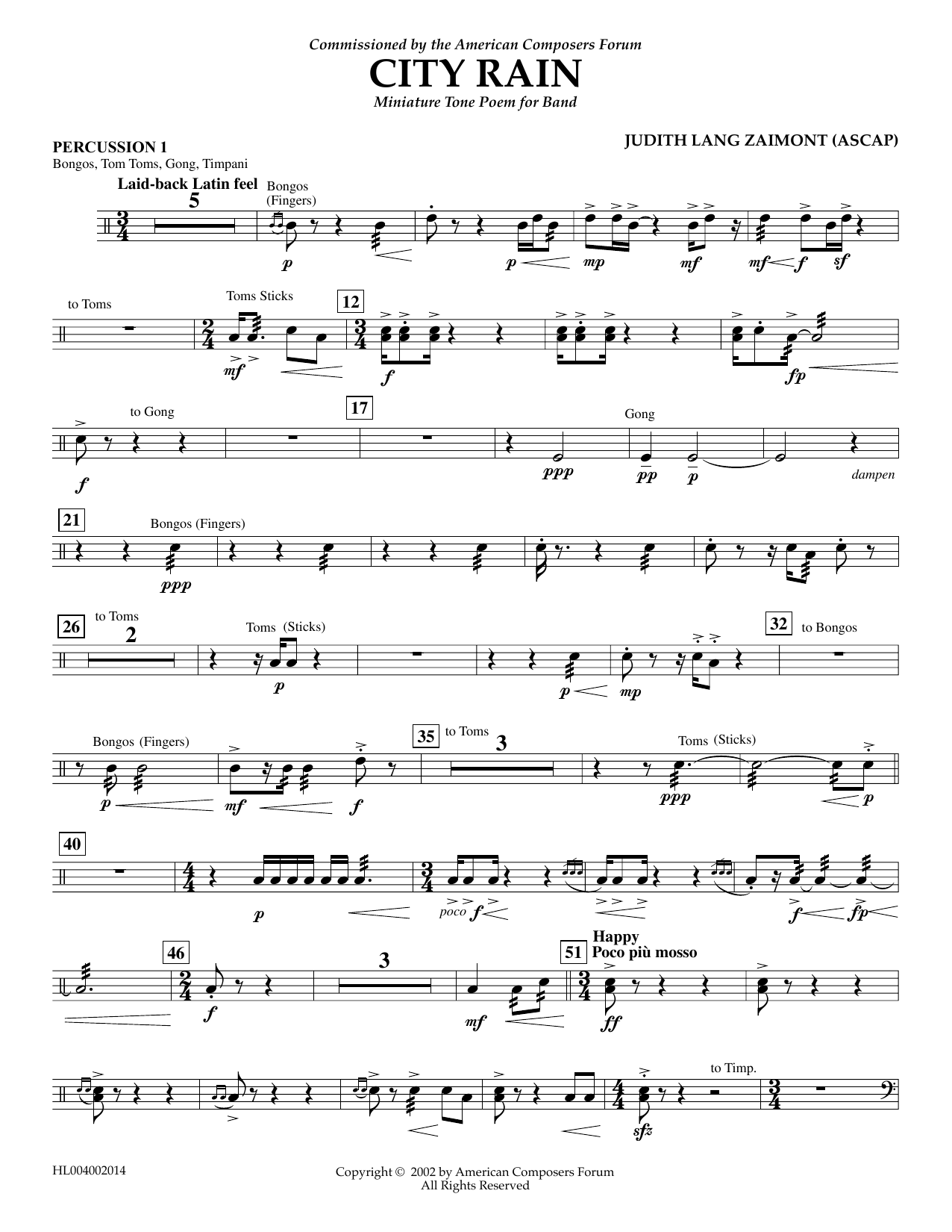 Download Judith Zaimont City Rain - Percussion 1 Sheet Music and learn how to play Concert Band PDF digital score in minutes