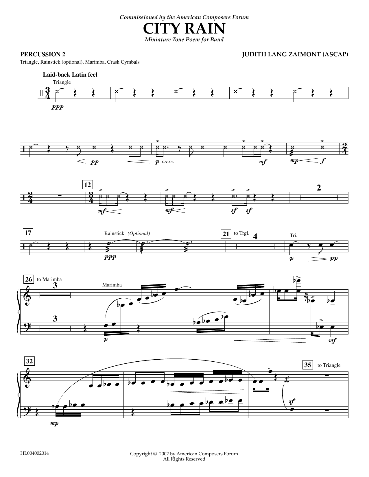 Download Judith Zaimont City Rain - Percussion 2 Sheet Music and learn how to play Concert Band PDF digital score in minutes