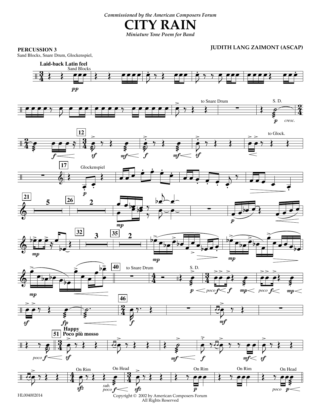 Download Judith Zaimont City Rain - Percussion 3 Sheet Music and learn how to play Concert Band PDF digital score in minutes