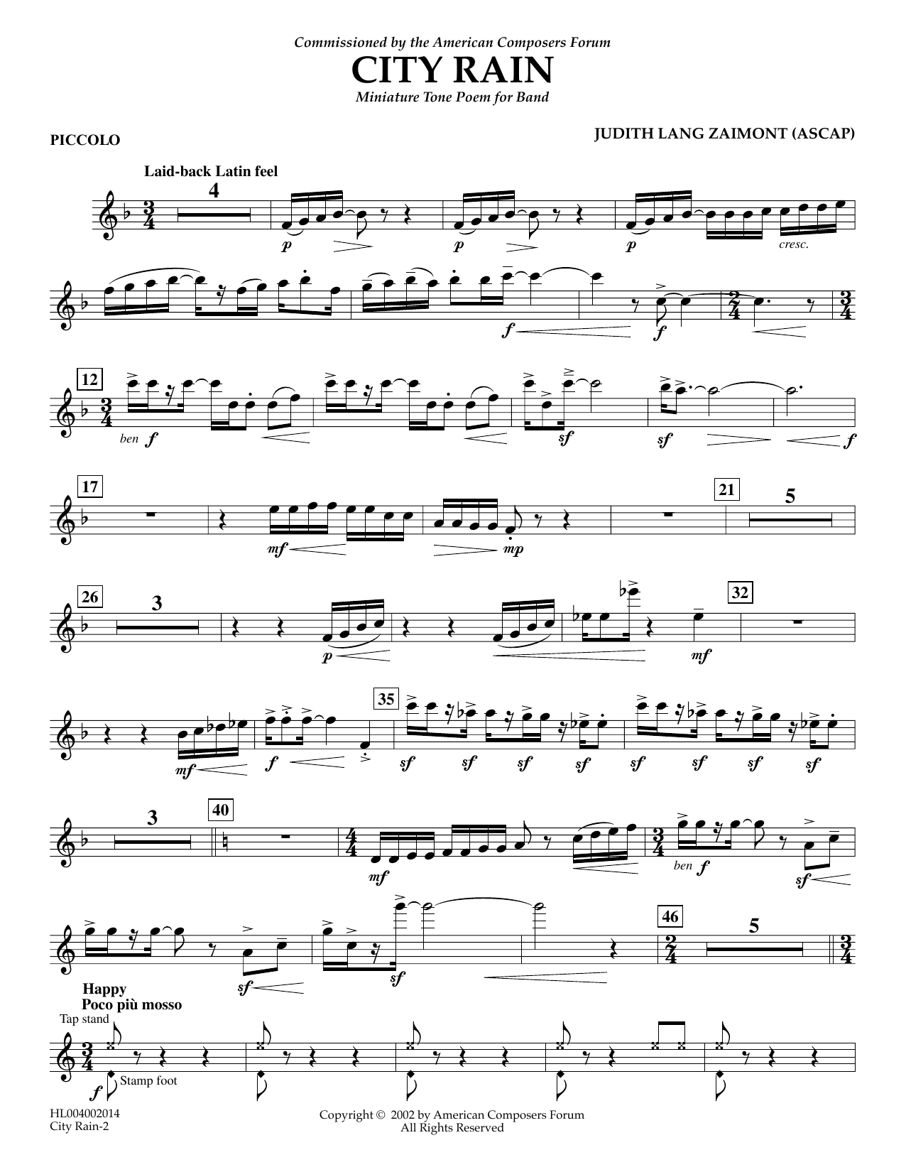 Download Judith Zaimont City Rain - Piccolo Sheet Music and learn how to play Concert Band PDF digital score in minutes