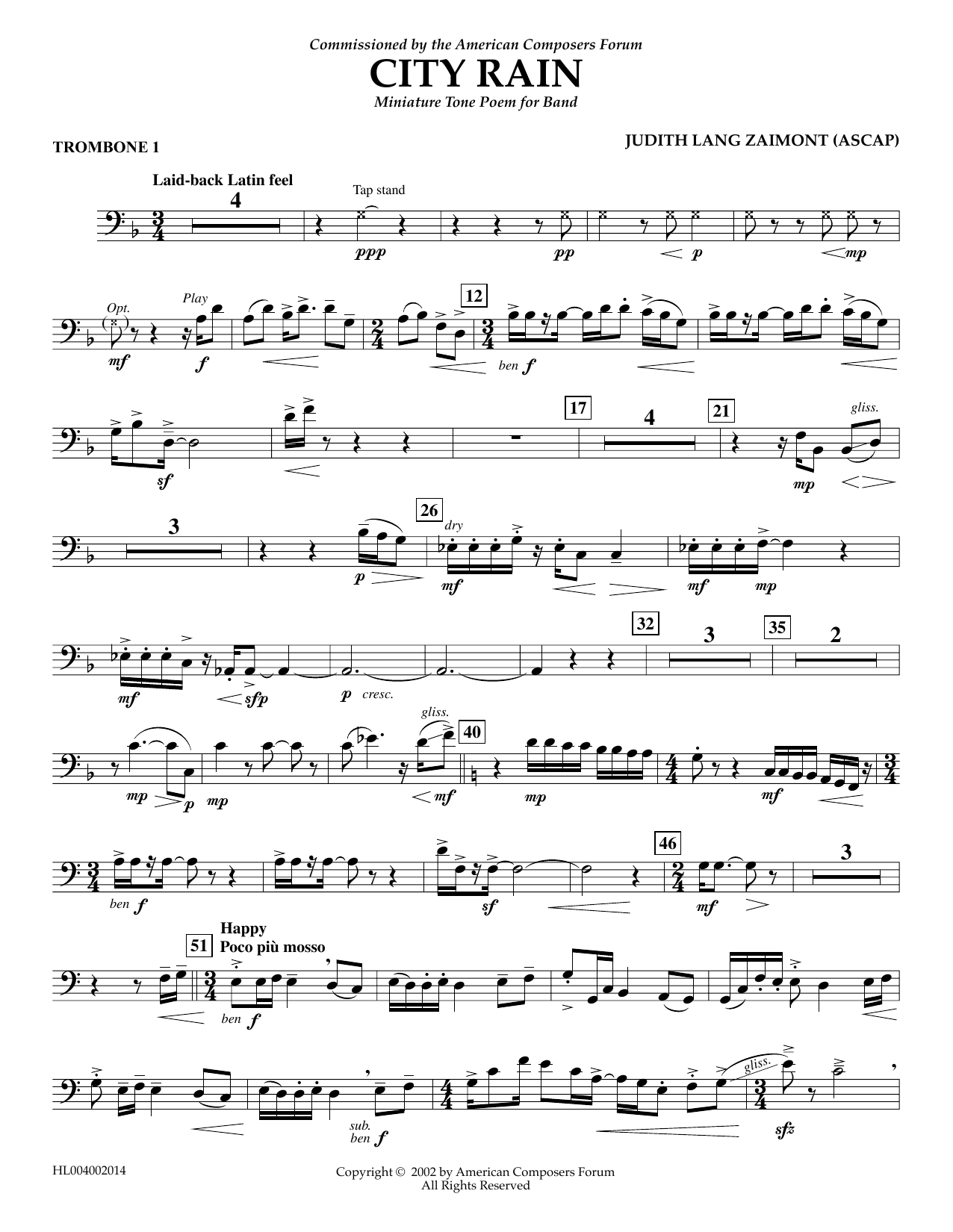 Download Judith Zaimont City Rain - Trombone 1 Sheet Music and learn how to play Concert Band PDF digital score in minutes