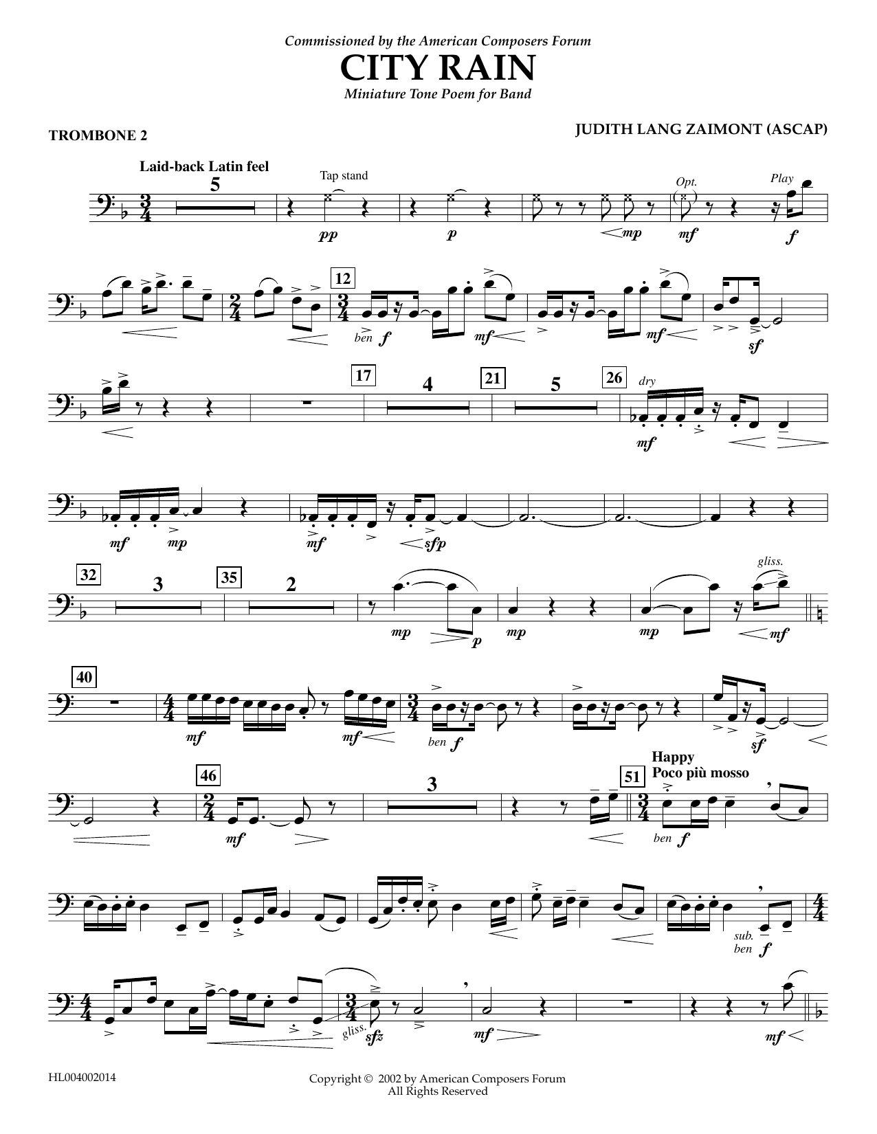 Download Judith Zaimont City Rain - Trombone 2 Sheet Music and learn how to play Concert Band PDF digital score in minutes