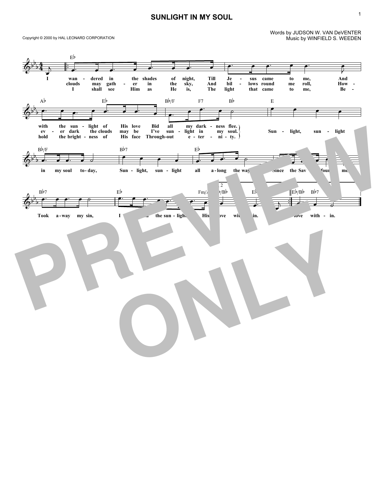 Download Judson W. Van DeVenter Sunlight In My Soul Sheet Music and learn how to play Melody Line, Lyrics & Chords PDF digital score in minutes