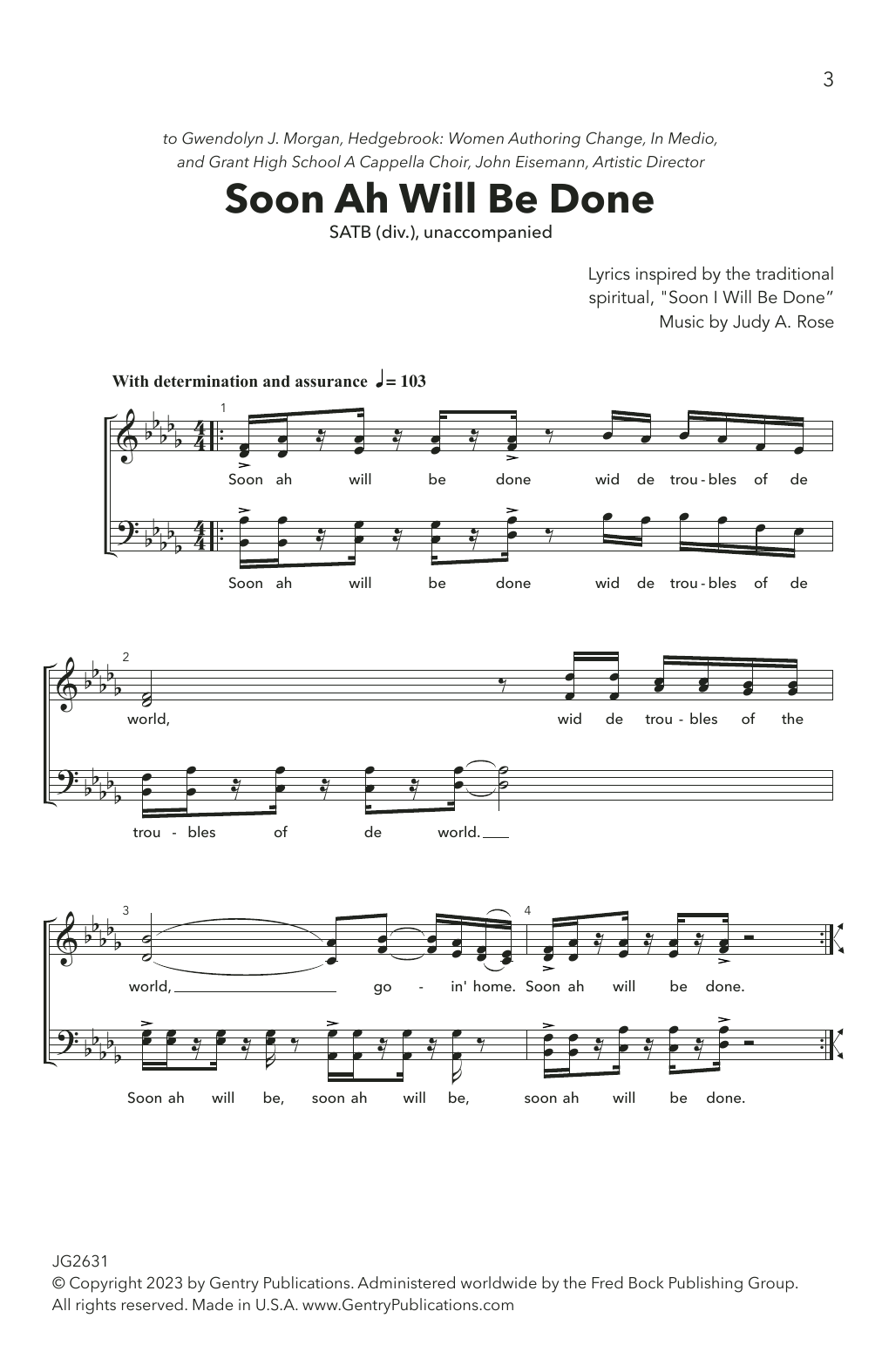 Download Judy A. Rose Soon Ah Will Be Done Sheet Music and learn how to play SATB Choir PDF digital score in minutes