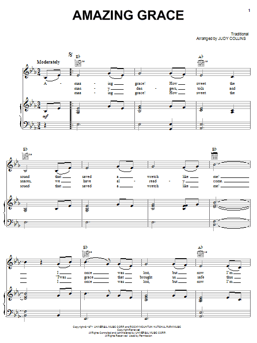 Download Judy Collins Amazing Grace Sheet Music and learn how to play Piano, Vocal & Guitar (Right-Hand Melody) PDF digital score in minutes