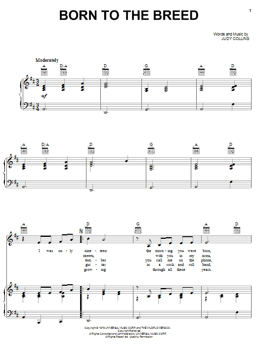 Download Judy Collins Born To The Breed Sheet Music and learn how to play Piano, Vocal & Guitar (Right-Hand Melody) PDF digital score in minutes