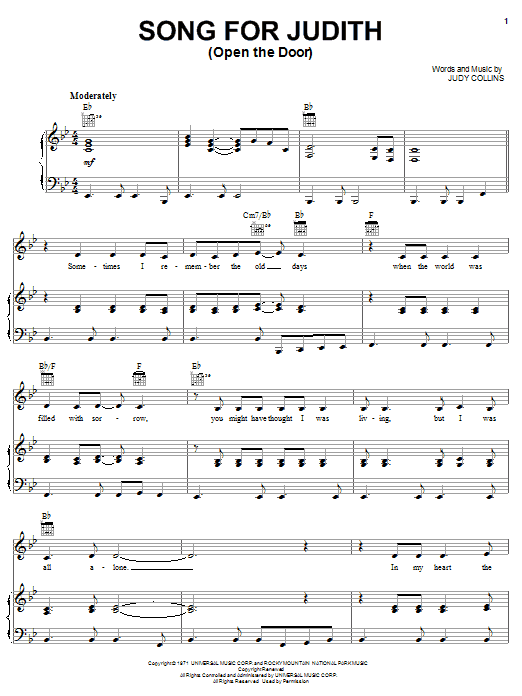 Download Judy Collins Song For Judith (Open The Door) Sheet Music and learn how to play Piano, Vocal & Guitar (Right-Hand Melody) PDF digital score in minutes