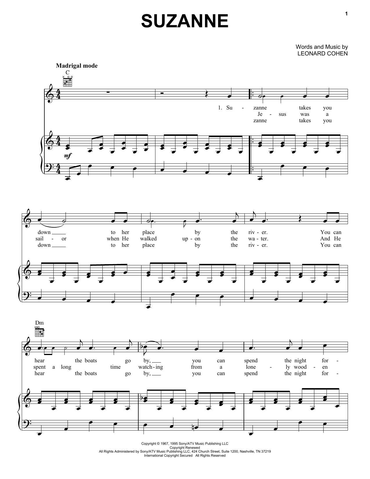 Download Judy Collins Suzanne Sheet Music and learn how to play Piano, Vocal & Guitar (Right-Hand Melody) PDF digital score in minutes