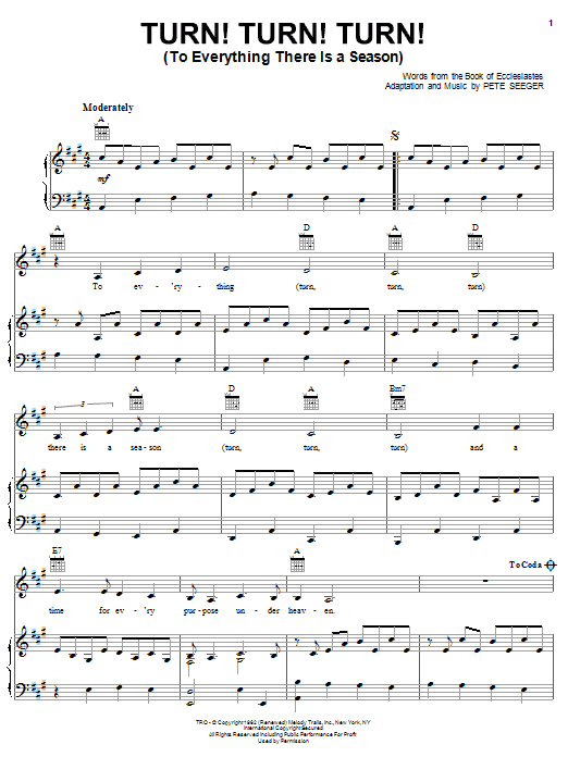 Download Judy Collins Turn! Turn! Turn! (To Everything There Is A Season) Sheet Music and learn how to play Piano, Vocal & Guitar (Right-Hand Melody) PDF digital score in minutes
