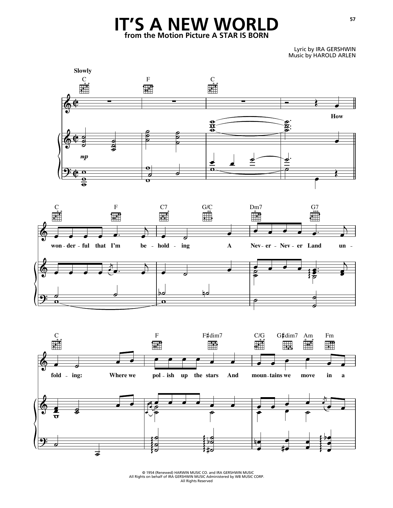 Download Judy Garland It's A New World (from A Star Is Born) (1954) Sheet Music and learn how to play Piano, Vocal & Guitar Chords (Right-Hand Melody) PDF digital score in minutes