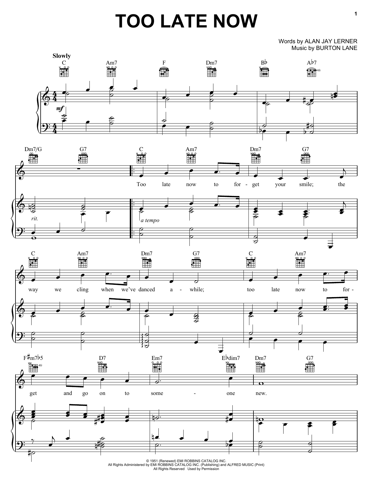 Download Judy Garland Too Late Now Sheet Music and learn how to play Piano, Vocal & Guitar (Right-Hand Melody) PDF digital score in minutes