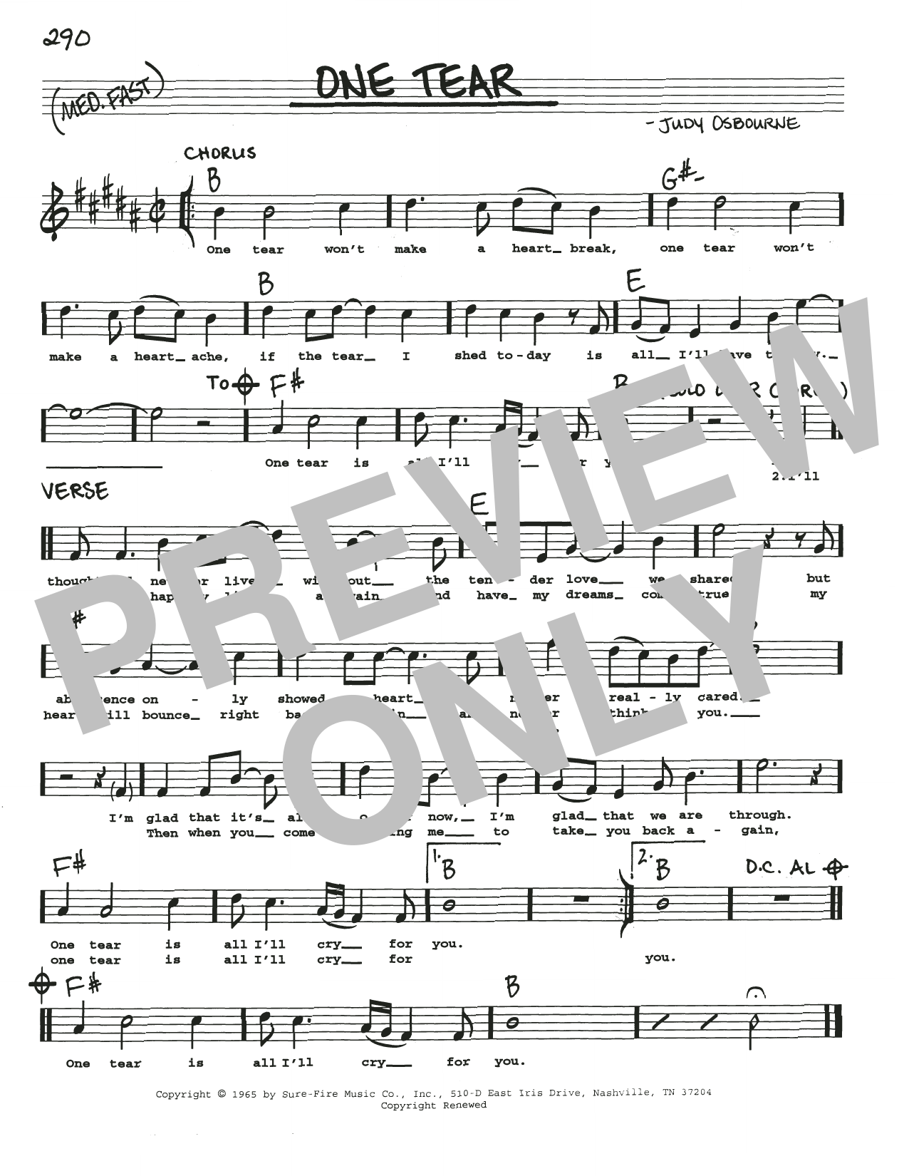 Download Judy Osborne One Tear Sheet Music and learn how to play Real Book – Melody, Lyrics & Chords PDF digital score in minutes