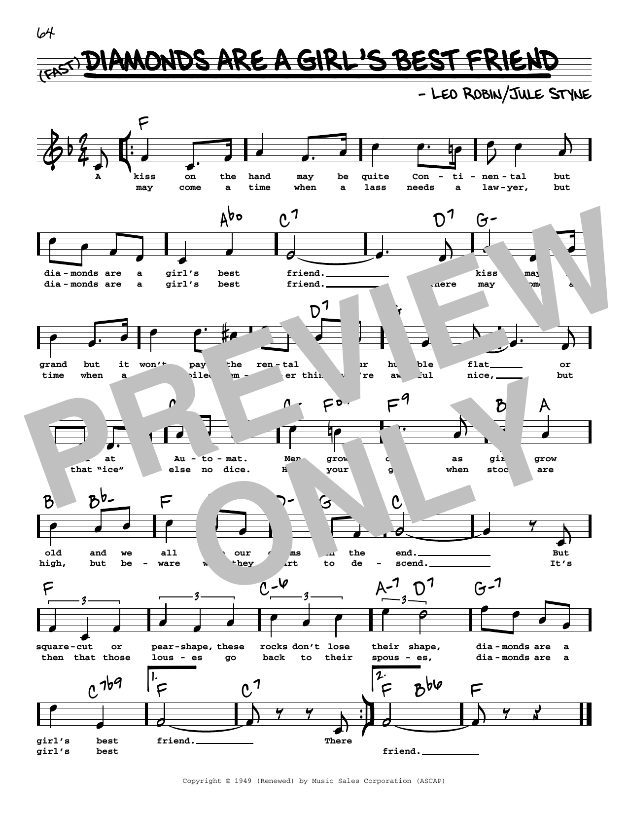 Download Jule Styne and Leo Robin Diamonds Are A Girl's Best Friend (High Voice) (from Gentlemen Prefer Blondes) Sheet Music and learn how to play Real Book – Melody, Lyrics & Chords PDF digital score in minutes