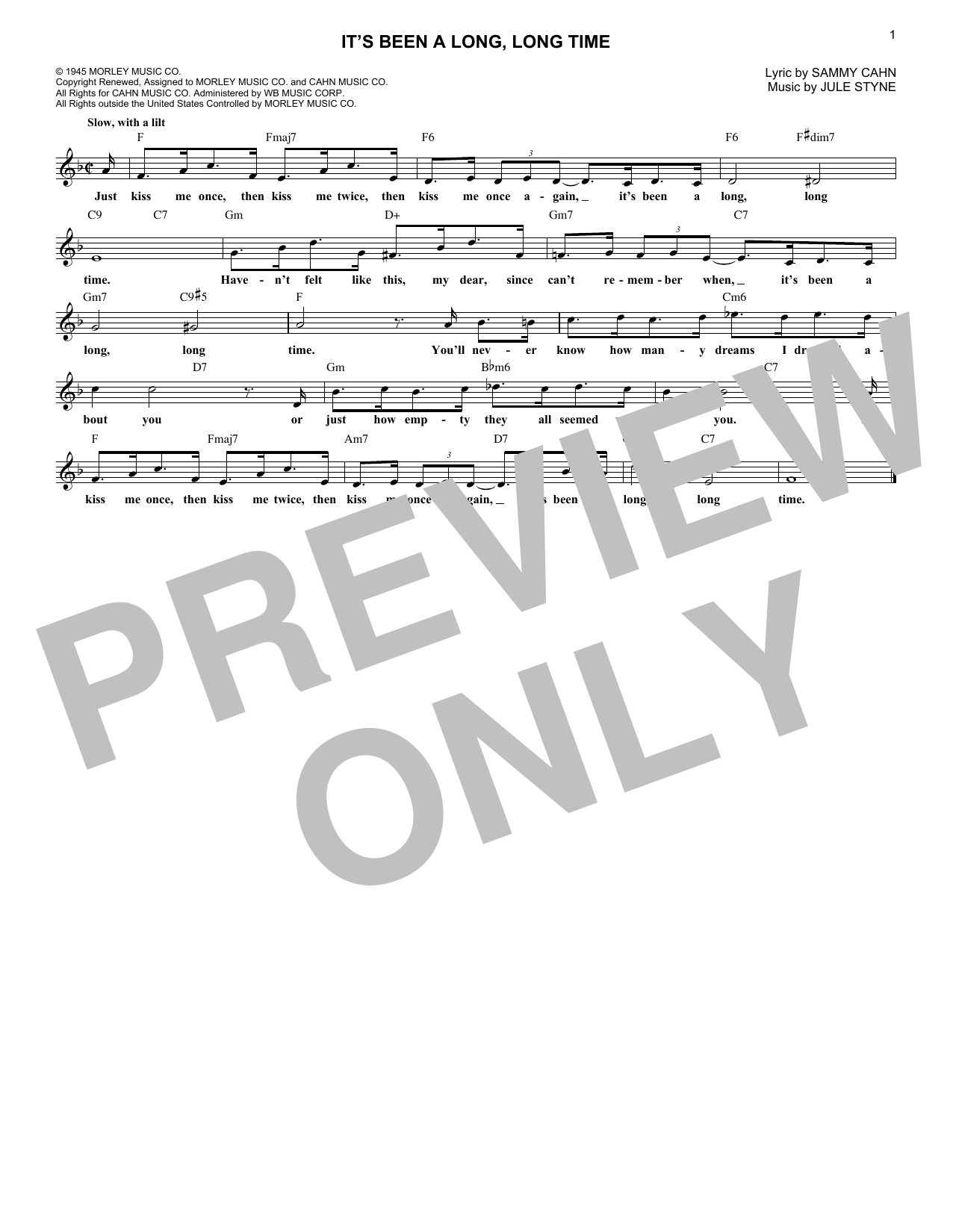 Download Jule Styne and Sammy Cahn It's Been A Long, Long Time Sheet Music and learn how to play Lead Sheet / Fake Book PDF digital score in minutes