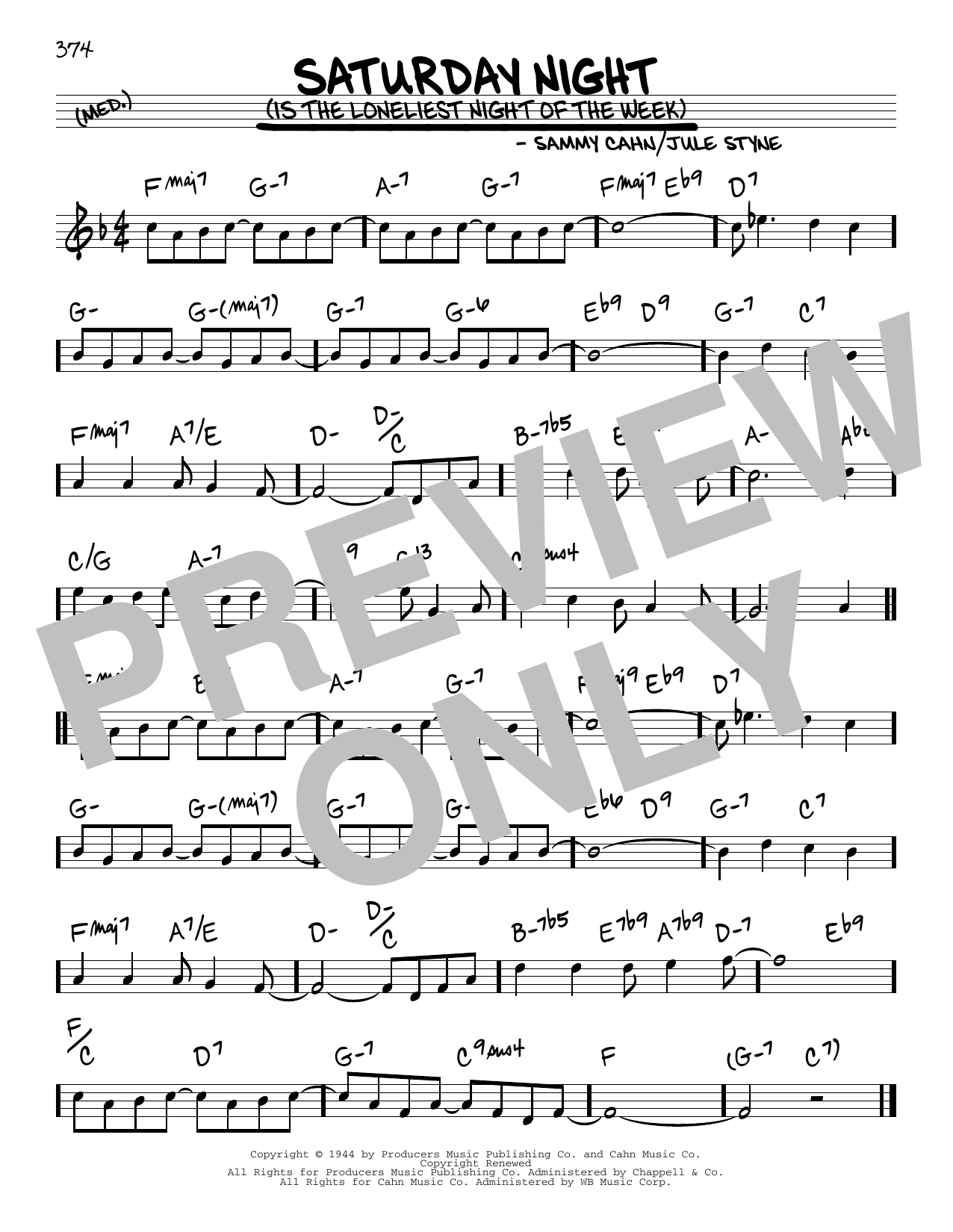 Download Jule Styne and Sammy Cahn Saturday Night (Is The Loneliest Night Of The Week) Sheet Music and learn how to play Real Book – Melody & Chords PDF digital score in minutes