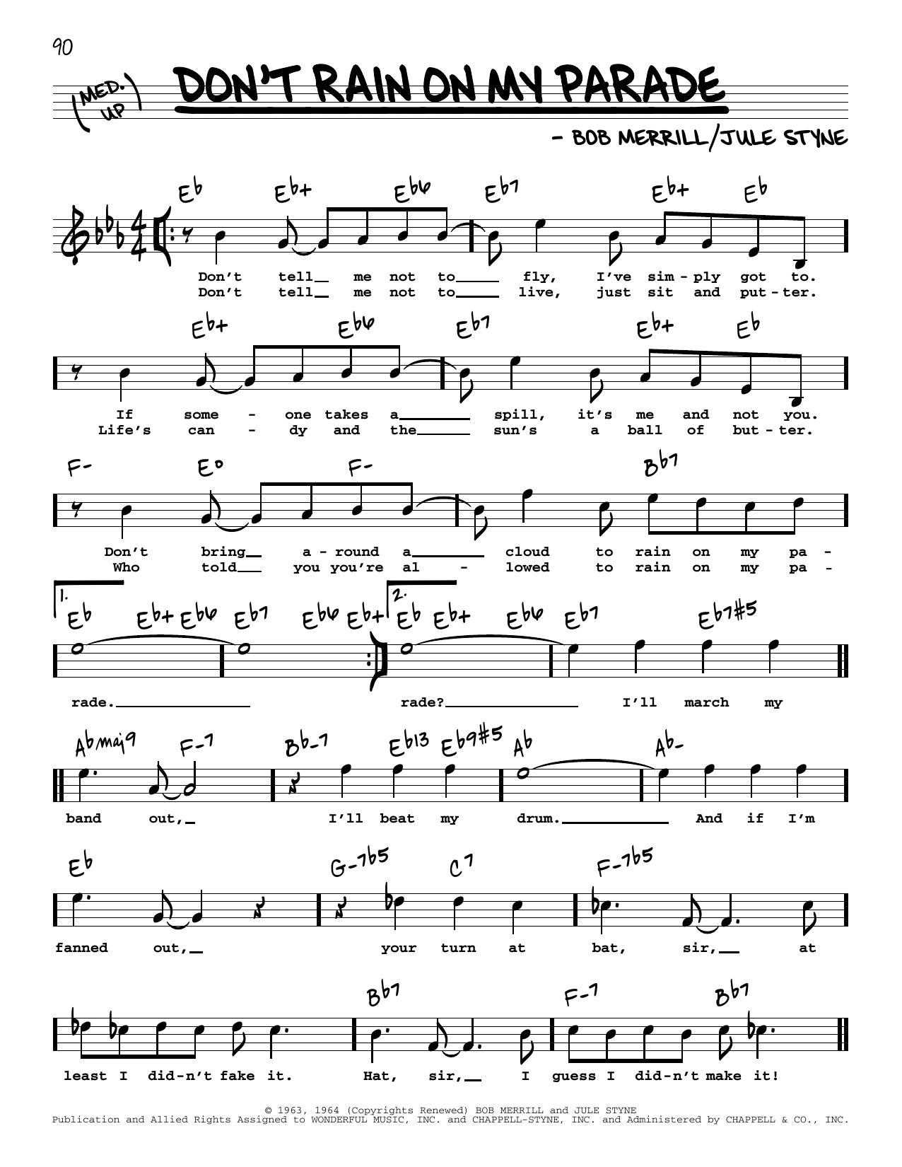 Download Jule Styne Don't Rain On My Parade (from Funny Girl) (High Voice) Sheet Music and learn how to play Real Book – Melody, Lyrics & Chords PDF digital score in minutes