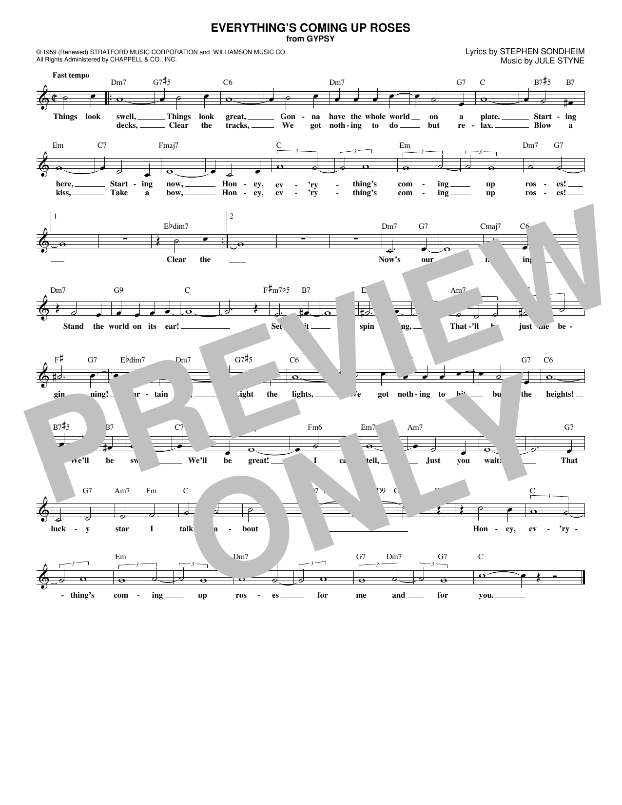 Download Jule Styne Everything's Coming Up Roses Sheet Music and learn how to play Melody Line, Lyrics & Chords PDF digital score in minutes