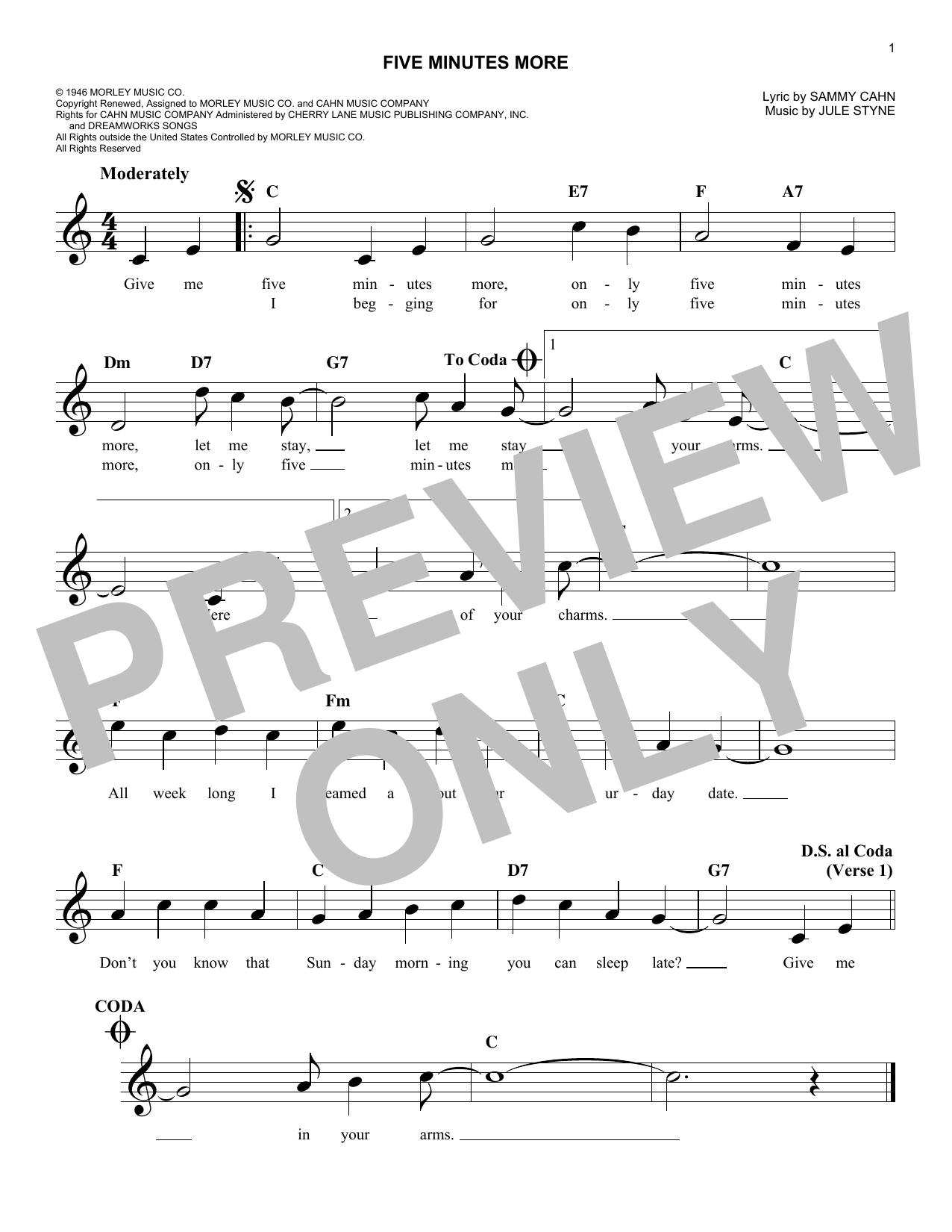 Download Jule Styne Five Minutes More Sheet Music and learn how to play Melody Line, Lyrics & Chords PDF digital score in minutes