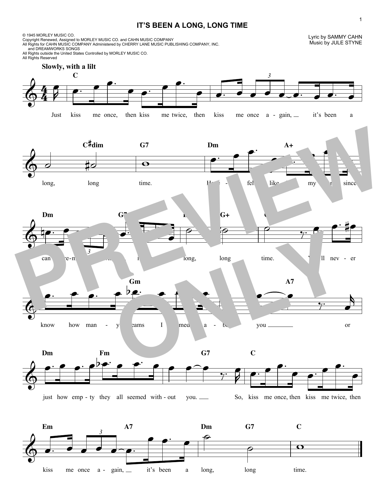 Download Jule Styne It's Been A Long, Long Time Sheet Music and learn how to play Melody Line, Lyrics & Chords PDF digital score in minutes