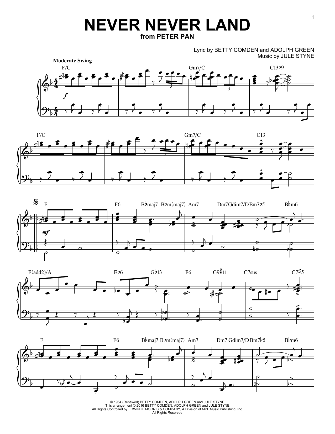 Download Jule Styne Never Never Land Sheet Music and learn how to play Piano PDF digital score in minutes