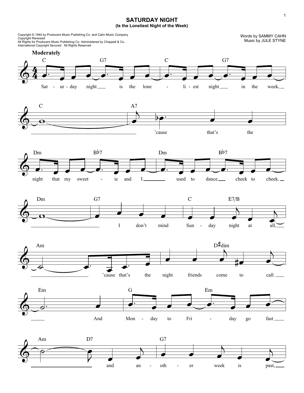 Download Jule Styne Saturday Night (Is The Loneliest Night Of The Week) Sheet Music and learn how to play Melody Line, Lyrics & Chords PDF digital score in minutes