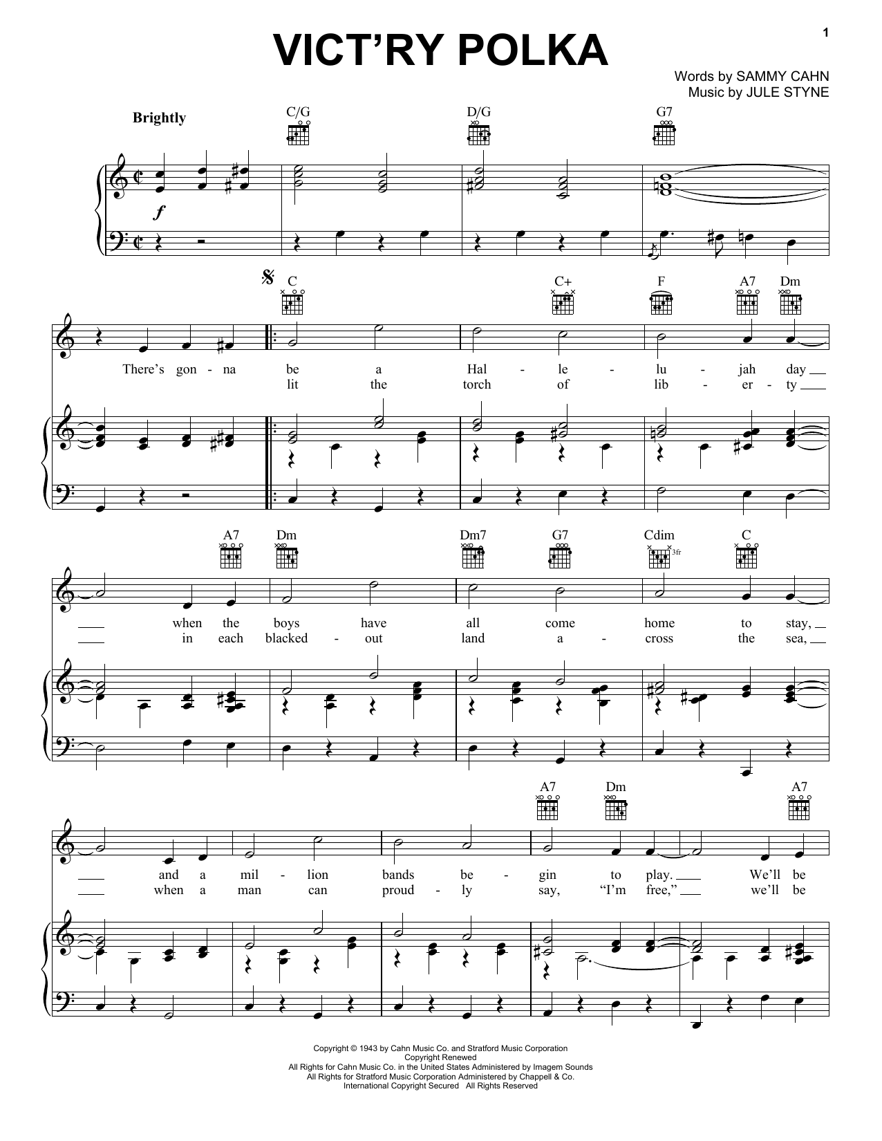 Download Jule Styne Vict'ry Polka Sheet Music and learn how to play Piano, Vocal & Guitar (Right-Hand Melody) PDF digital score in minutes