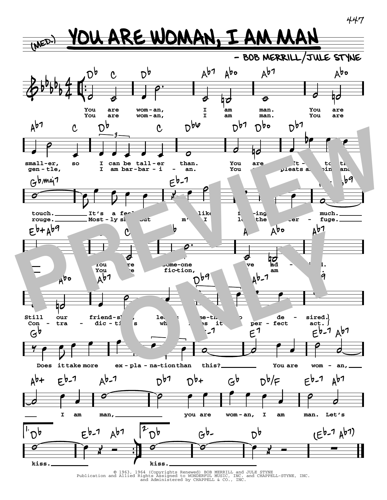 Download Jule Styne You Are Woman, I Am Man (High Voice) Sheet Music and learn how to play Real Book – Melody, Lyrics & Chords PDF digital score in minutes